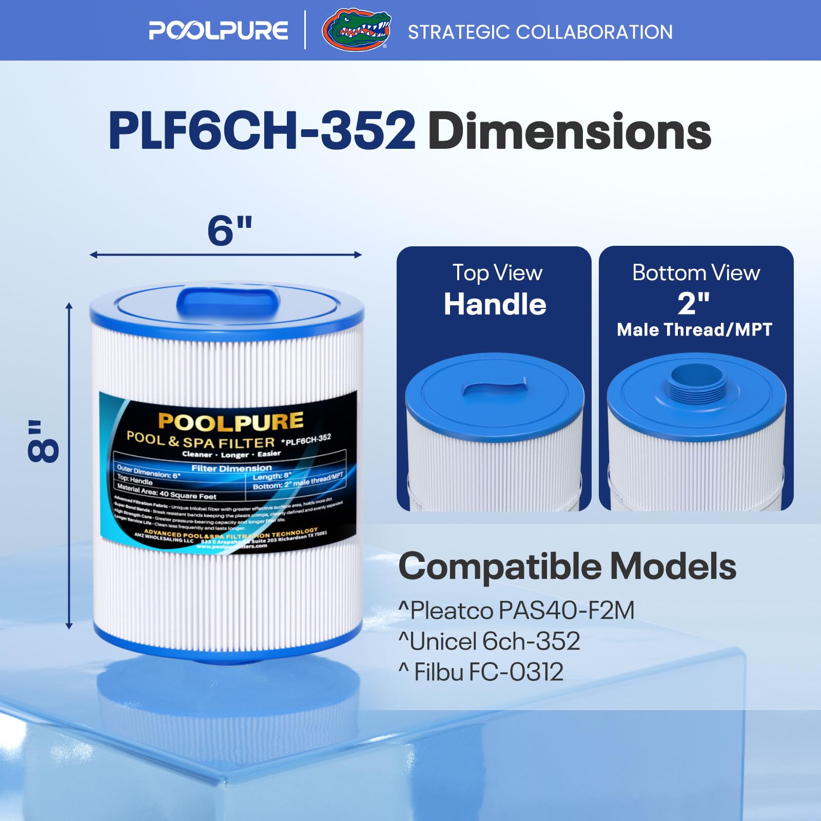POOLPURE Filtre pour jacuzzi 6CH-352 remplace PAS40-F2M, Unicel 6CH-352, Filbur FC-0318, PMA-R1, X268546, 06-0055, 06-0014-12, cartouche filtrante MPT/mâle à filetage mâle pour spa