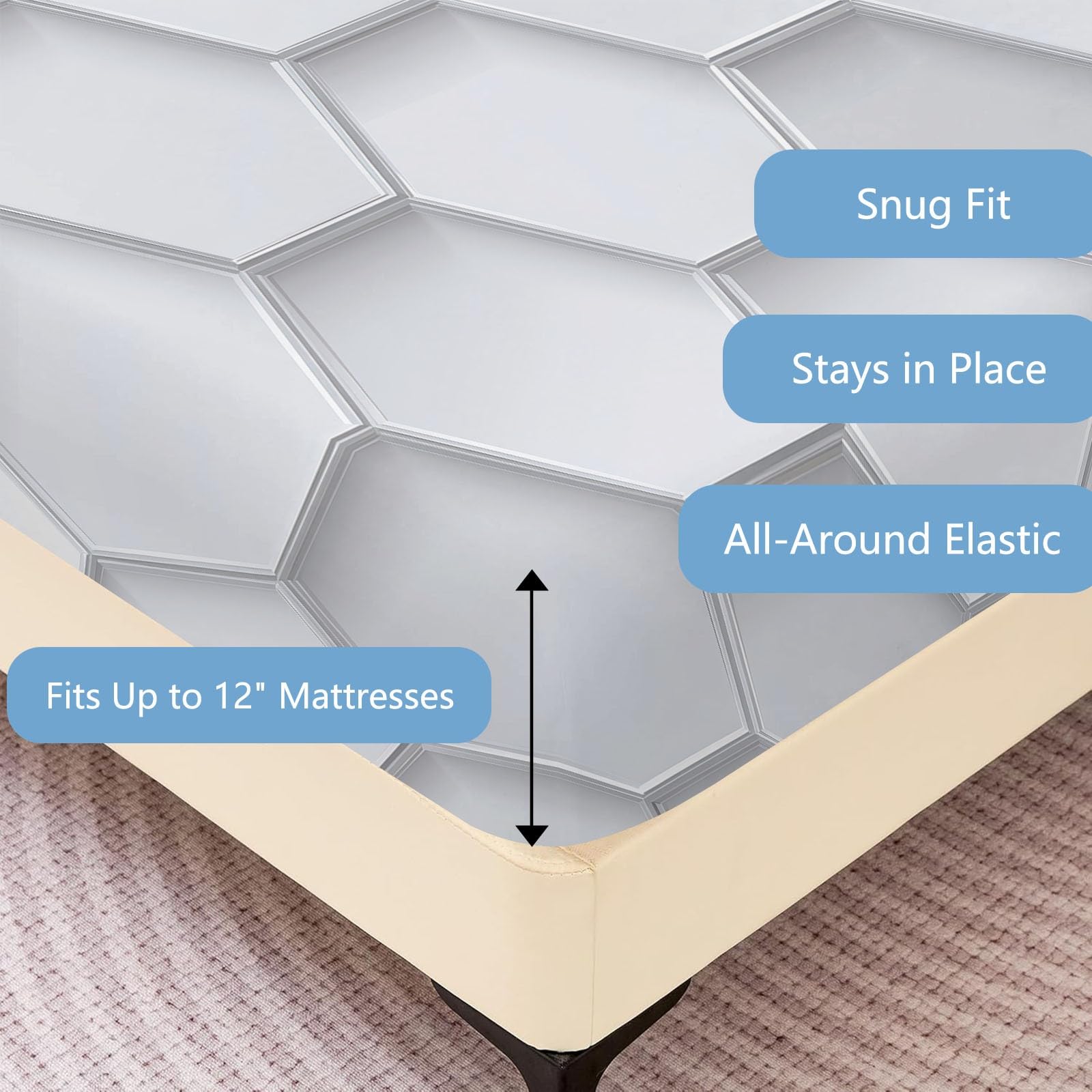 Prześcieradło z gumką na łóżko Super King 180 x 200 cm, super miękkie, oddychające, łatwe w pielęgnacji – nowoczesne prześcieradło 3D, kieszeń o głębokości 30 cm, szare, geometryczne, sześciokątne, o