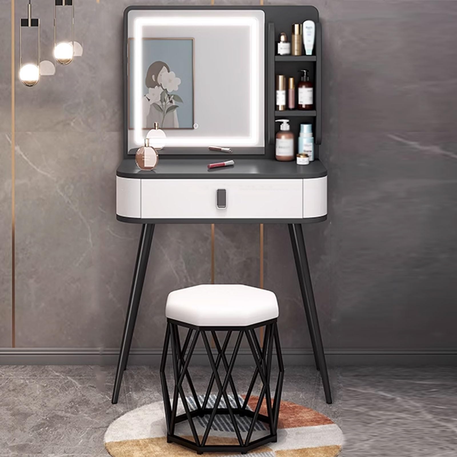 Toeletta Trucco Piccola con Sgabello, con Specchio Per Il Trucco Intelligente, Cassetti e Sgabelli di Grande Capacità, Eleganti e Semplici, Facili da Installare, Disponibili In Più Dimensioni ( Color