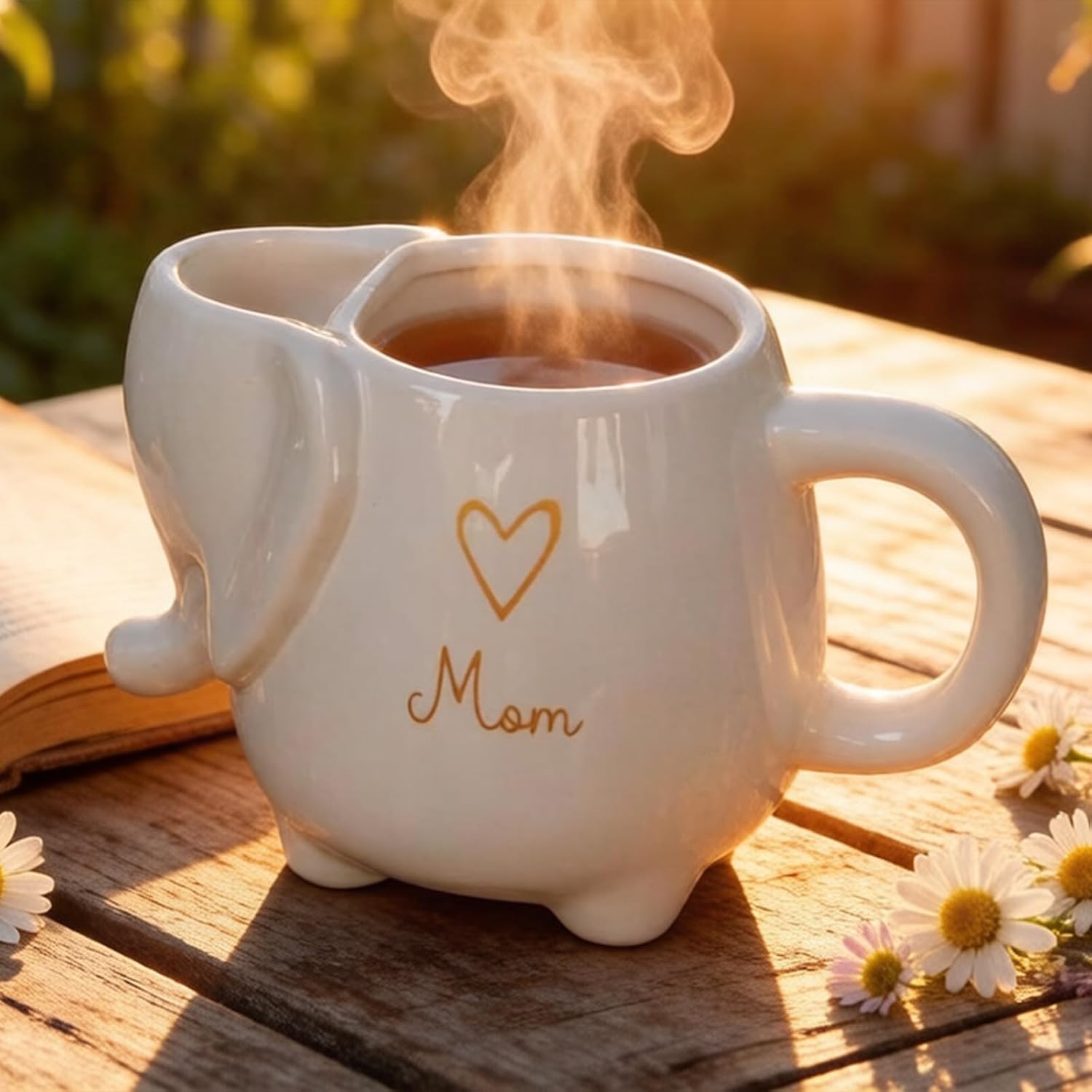 ZAGEVIVIN Elephant Ceramic Tea Mug with Tea Bag Holder, Mom Design with Heart, White Stoneware Coffee Cup, 15 oz, Microwave and Dishwasher Safe (Mom)