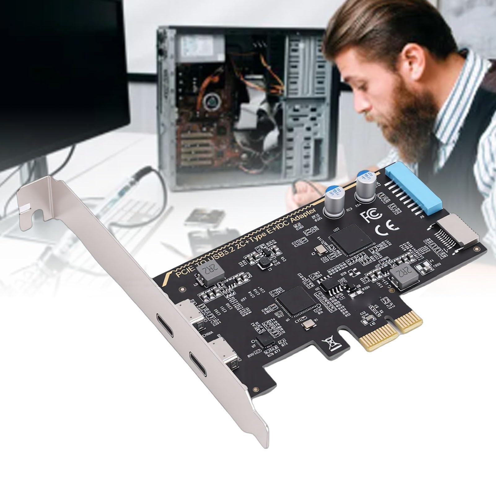 Jiawu Scheda di Espansione PCI Express per PC Desktop, Scheda PCIe da 5 Gbps a Doppio Tipo C con Tipo Interno e Porta a 19 Pin, Adattatore ASM1042