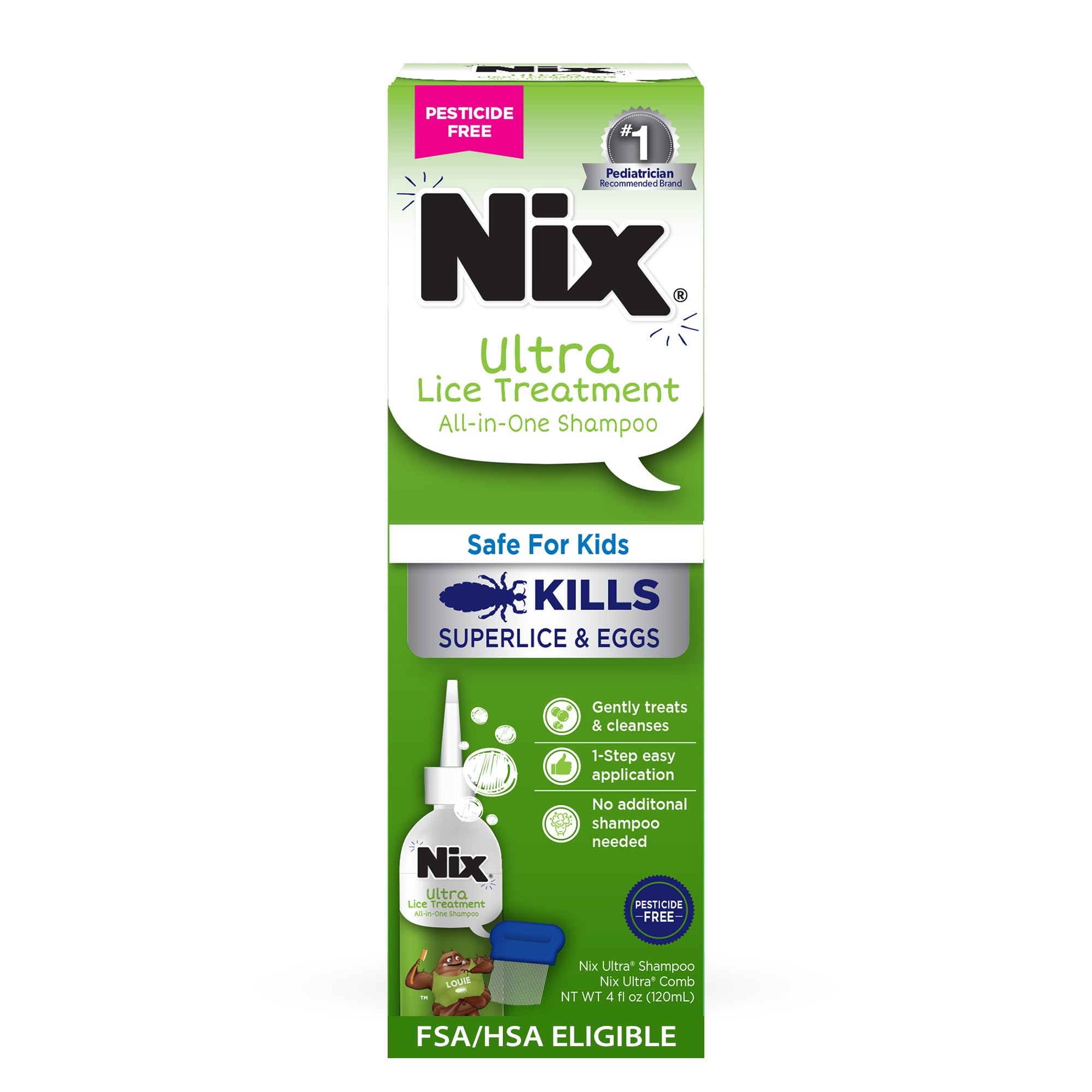 Nix Ultra Superlice Treatment, All-in-One Shampoo, 4 Fl Oz & Lice Removal Comb