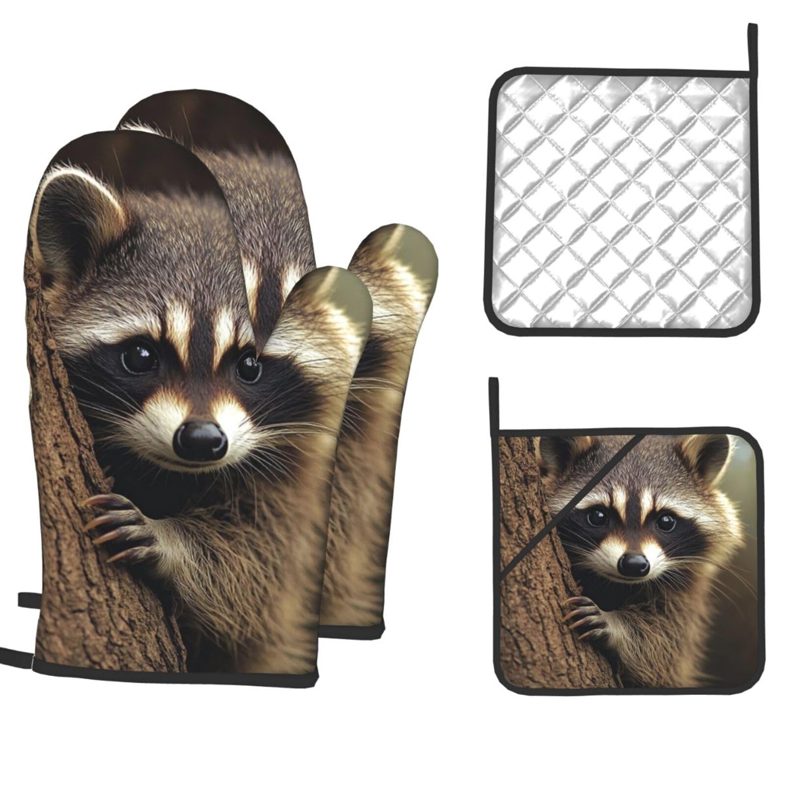 Oven Mitts and Pot Holders Set of 4 Heat Resistant Non-Slip Kitchen Gloves Hot Pads Raccoon Non-Slip Potholders for Cooking Baking Grilling BBQ