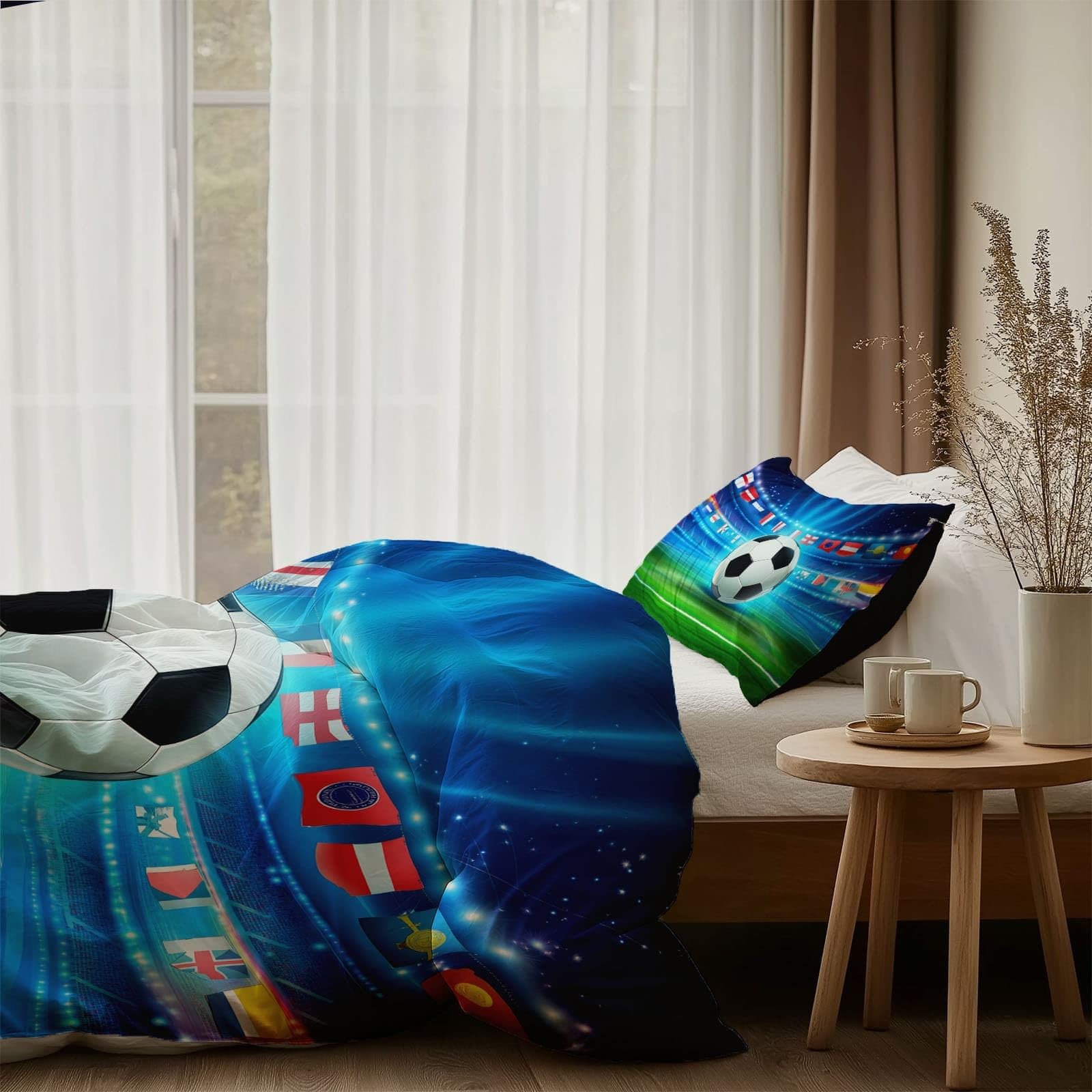 Générique Poszwy na kołdry 240 x 220 cm 3-częściowy zamek błyskawiczny Wygodny i oddychający wzór na arenie piłkarskiej z zamkiem błyskawicznym z mikrofibry 2 poszewki na poduszki 65 x 65 cm zielony
