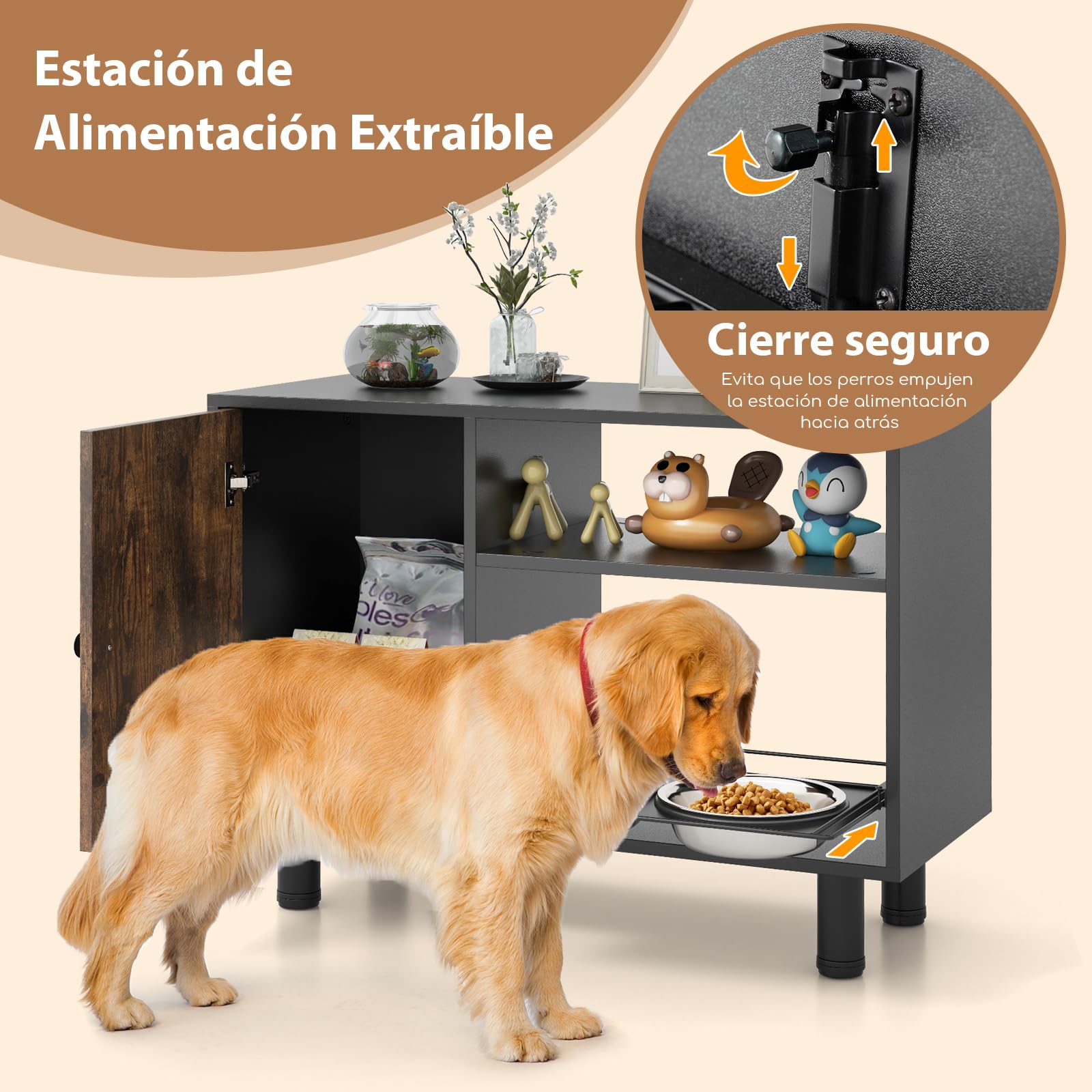 COSTWAY Gabinete de Almacenamiento de Alimentos para Perros, Comedero Perro Elevado con 2 Cuencos Elevados de Acero Inoxidable, Estantes, Estación de Alimentación para Suministros, 82 x 35 x 60 cm