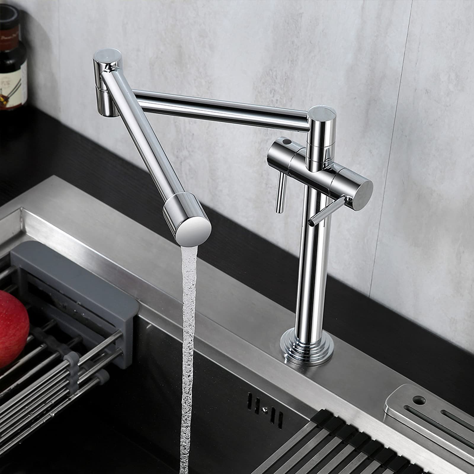 Grifo de cocina Agua fría y caliente Grifos de fregadero de cocina comercial Grifo de llenado de ollas de latón Plegable Estirable Doble articulación Brazos oscilantes Dos manijas Montado en cubierta,