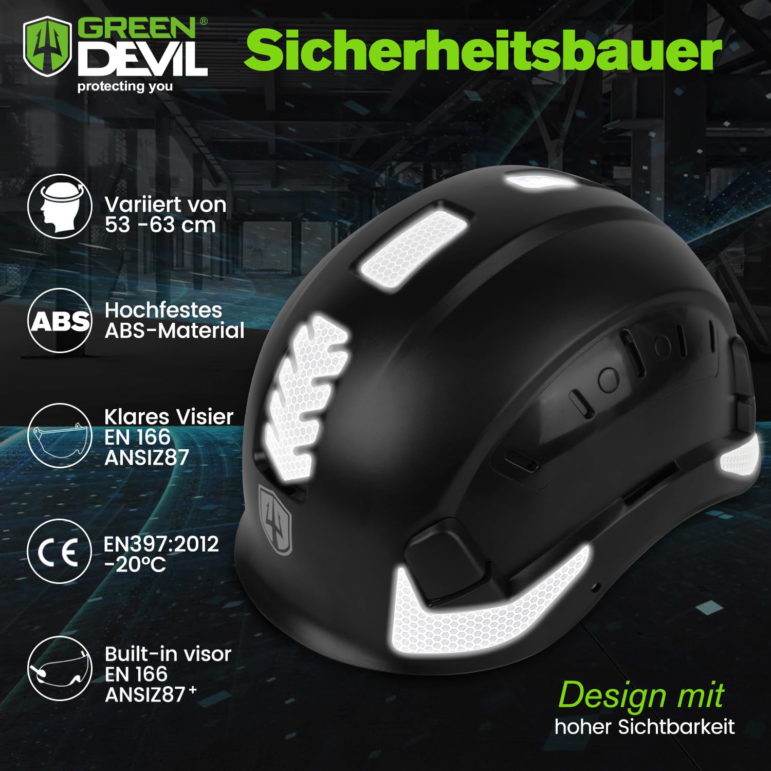 GREEN DEVIL Mervex Vent Set - EN397 & EN166 zertifizierter Industrieschutzhelm mit Doppelvisier (außen getönt/innen klar) + Shield LD Aktives Bluetooth Gehörschutz SNR 32dB