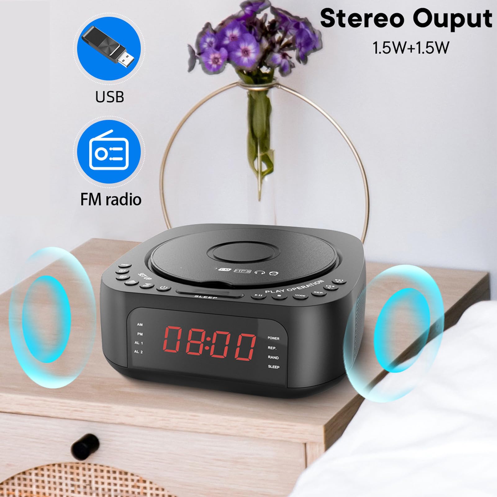 ciciglow Odtwarzacz CD Radio z Budzikiem, Stacjonarny Odtwarzacz CD z Bluetoothem i Przyciemnianym Wyświetlaczem, Radioodtwarzacz z Głośnikiem i Pilotem do Sypialni (wtyczka UE)