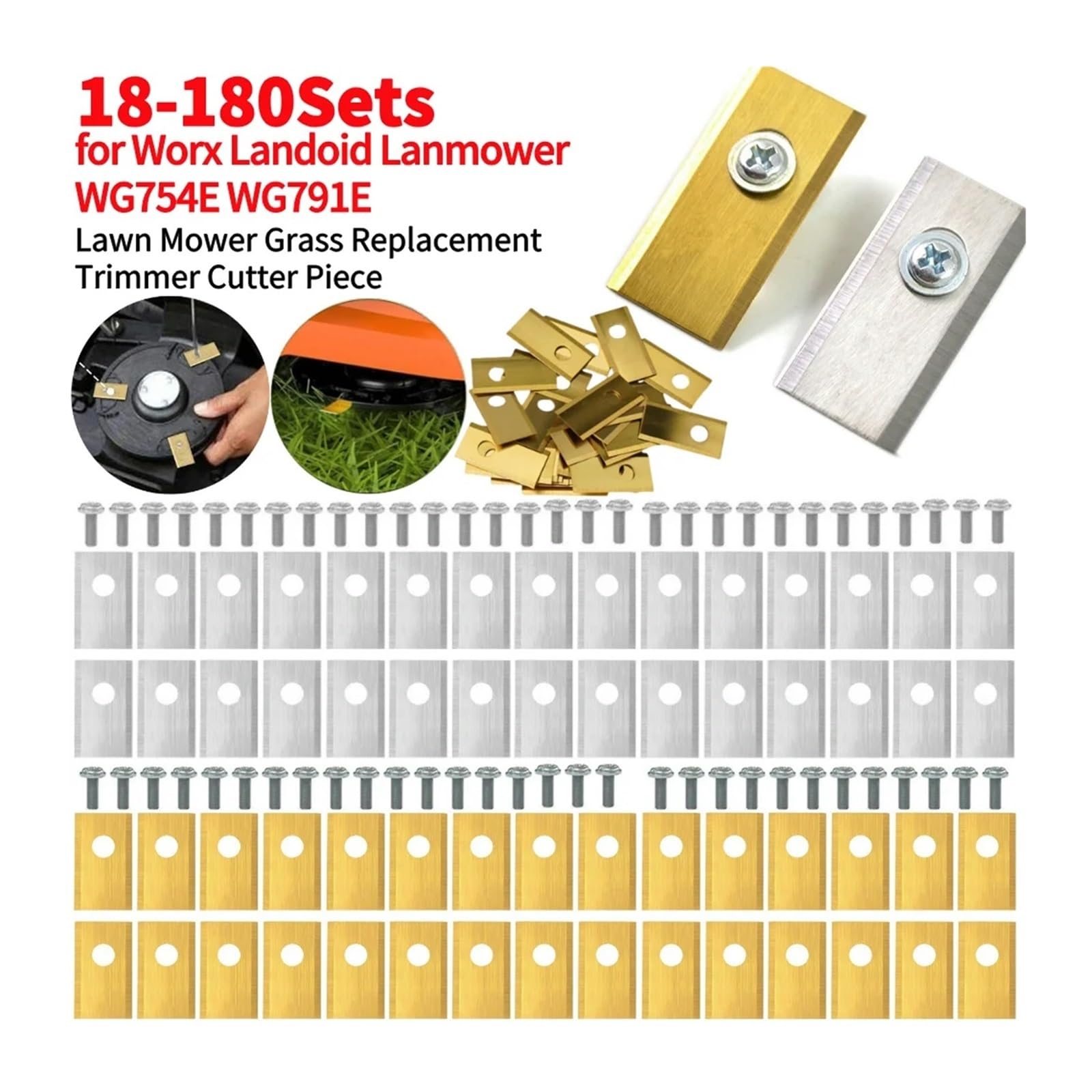 Juego de 18-180 Cuchillas de Repuesto de Acero Inoxidable con Tornillos for cortacéspedes robóticos Worx Landroid.(Gold 90Sets)
