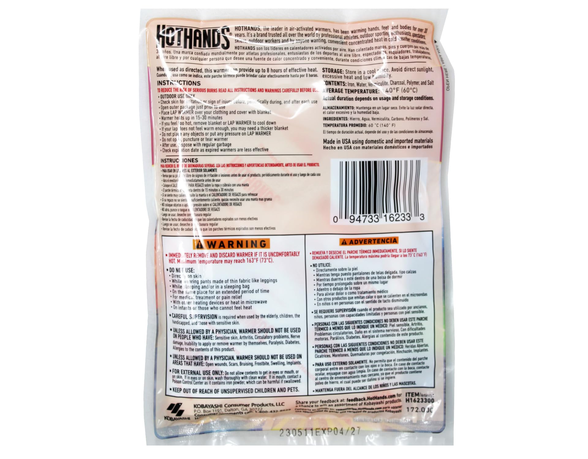 HotHands Lap Warmer, Ready to Use, Single Use, Up to 8 Hours, Case of 7 Pouches (1 Lap Warmer per Pouch)