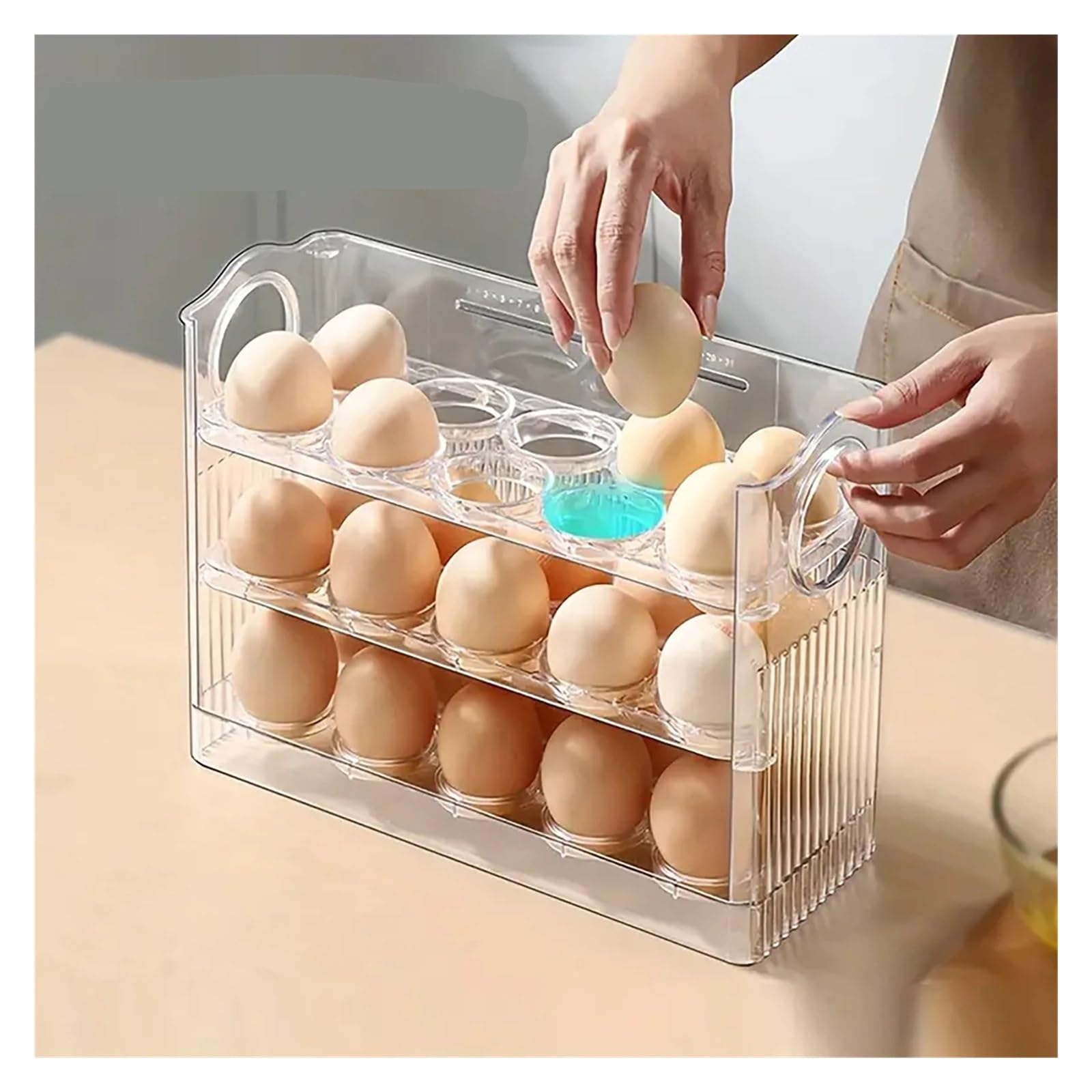 Hueverera que ahorra espacio con diseño de apertura automática, organizador de huevos para puerta de refrigerador y cocina (blanco)