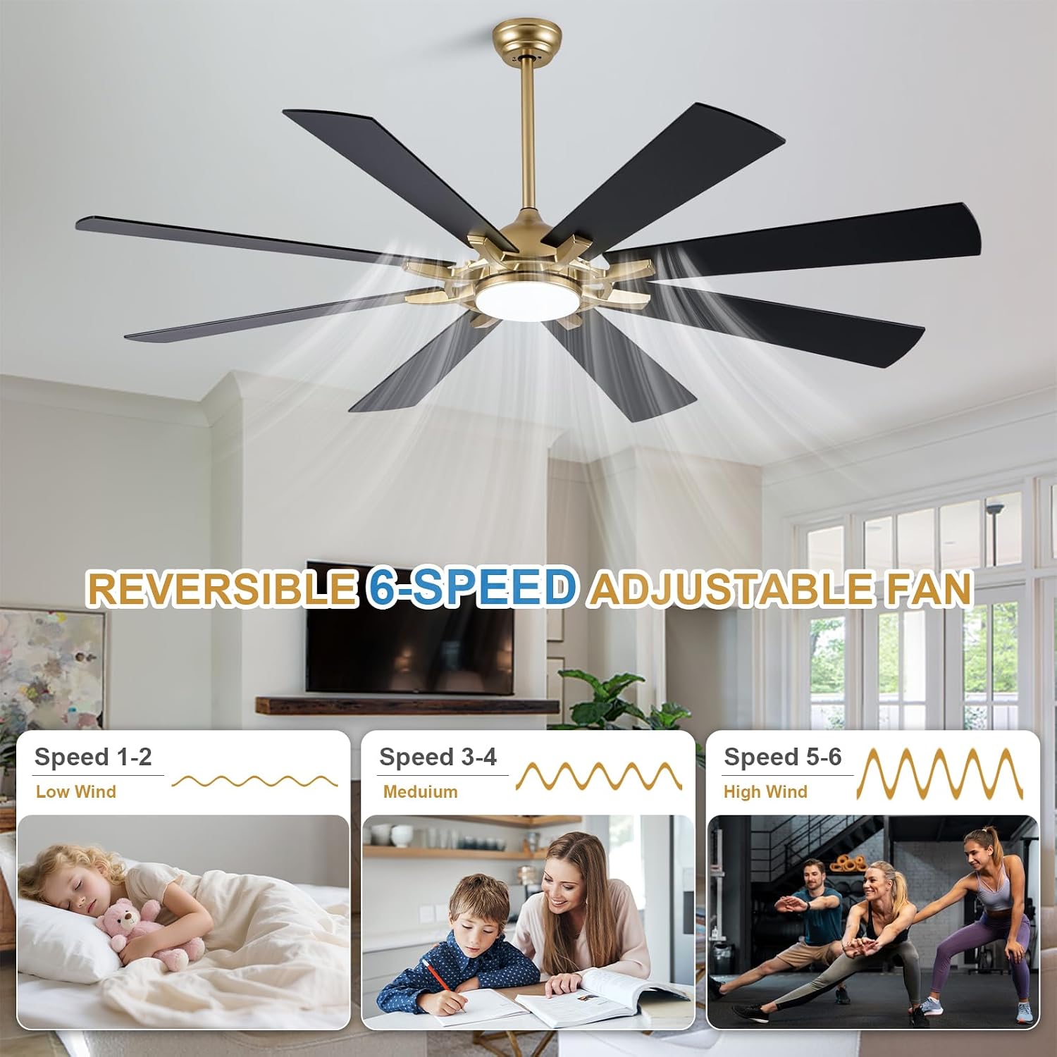 Bella Depot 72" Black and Gold Ceiling Fan with Light Large Ceiling Fan with Remote Dimmable LED Tri-Color Temperature 6-Speed Quiet DC Motor Chandelier Fan for Bedroom Living Room Patio