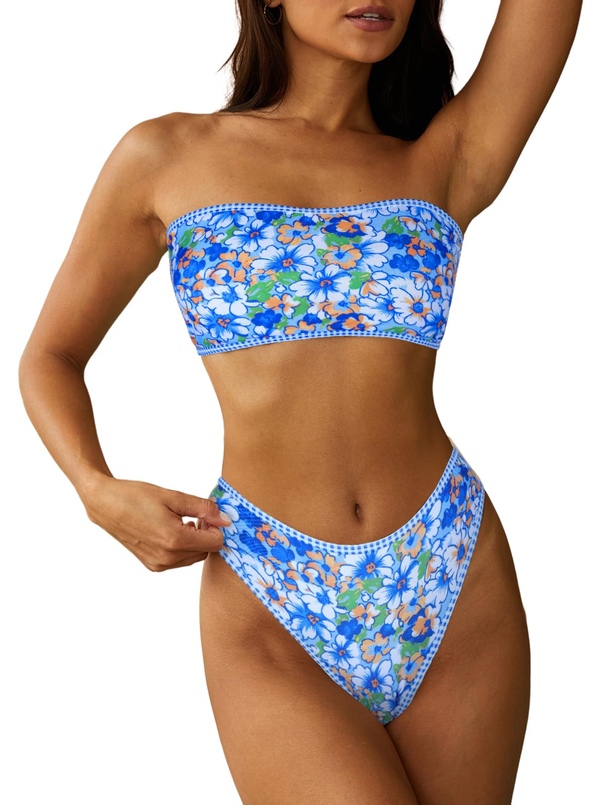 ZAFUL Women Strapless Textured Bandeau Bikini 2 Piece Swimwear Cheeky Solid Lace up Bathing Suits