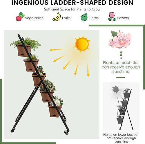 Miniatura 9 de Giantex 2 macetas verticales elevadas sobre ruedas, camas de jardín elevadas con orificio de drenaje de agua, 5 cajas de contenedores independientes