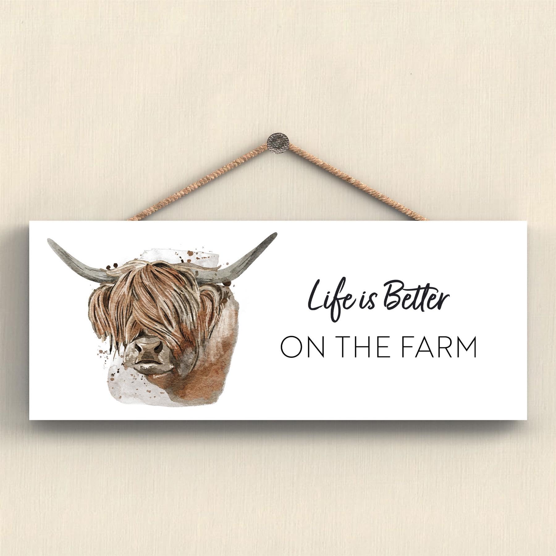 Global Designs On The Farm Highland Cow Watercolour Wall Art Decorative Wooden Plaque