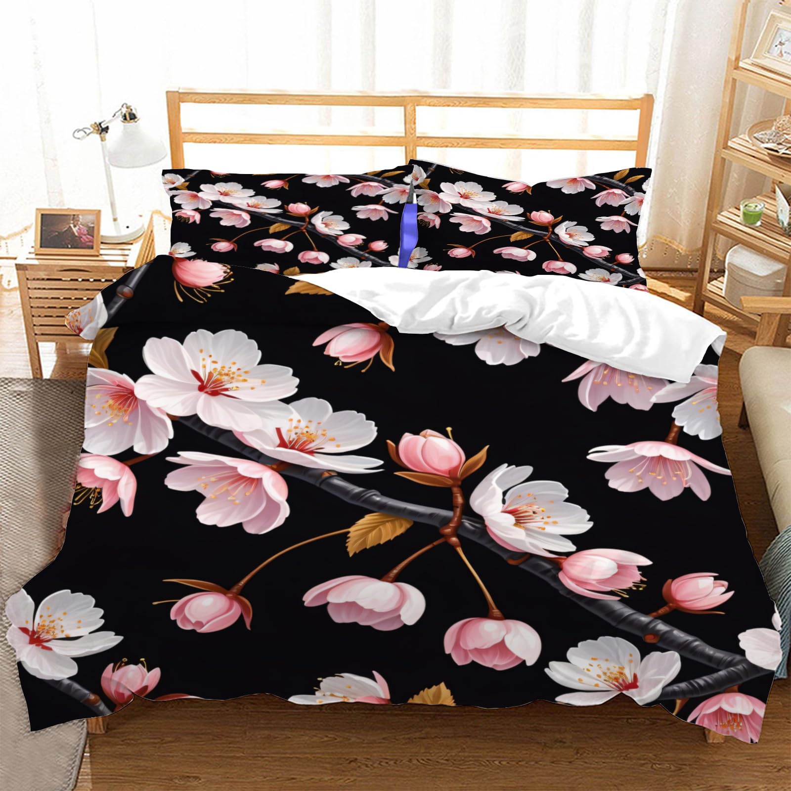 Housse de couette 240x260 sakura chic avec taies en microfibre rose