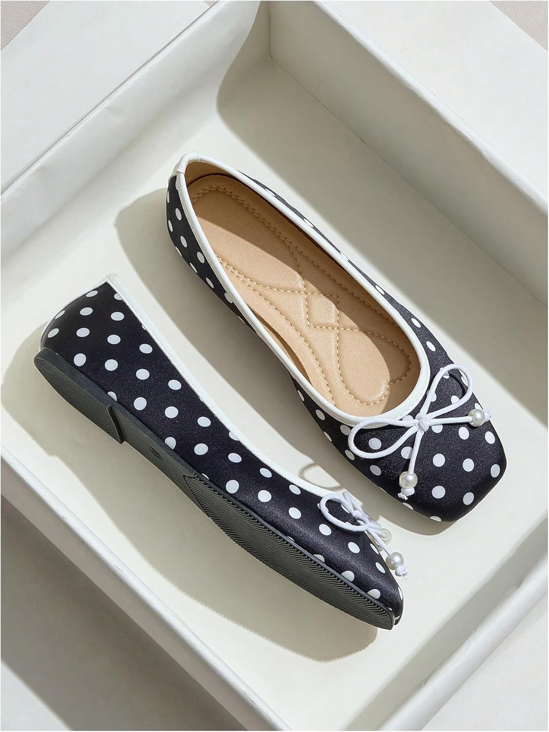 MakeMeChic Women's Bow Knot Polka Dots Flat Shoes Beaded Closed Toe PU Leather Spring Summer Flats