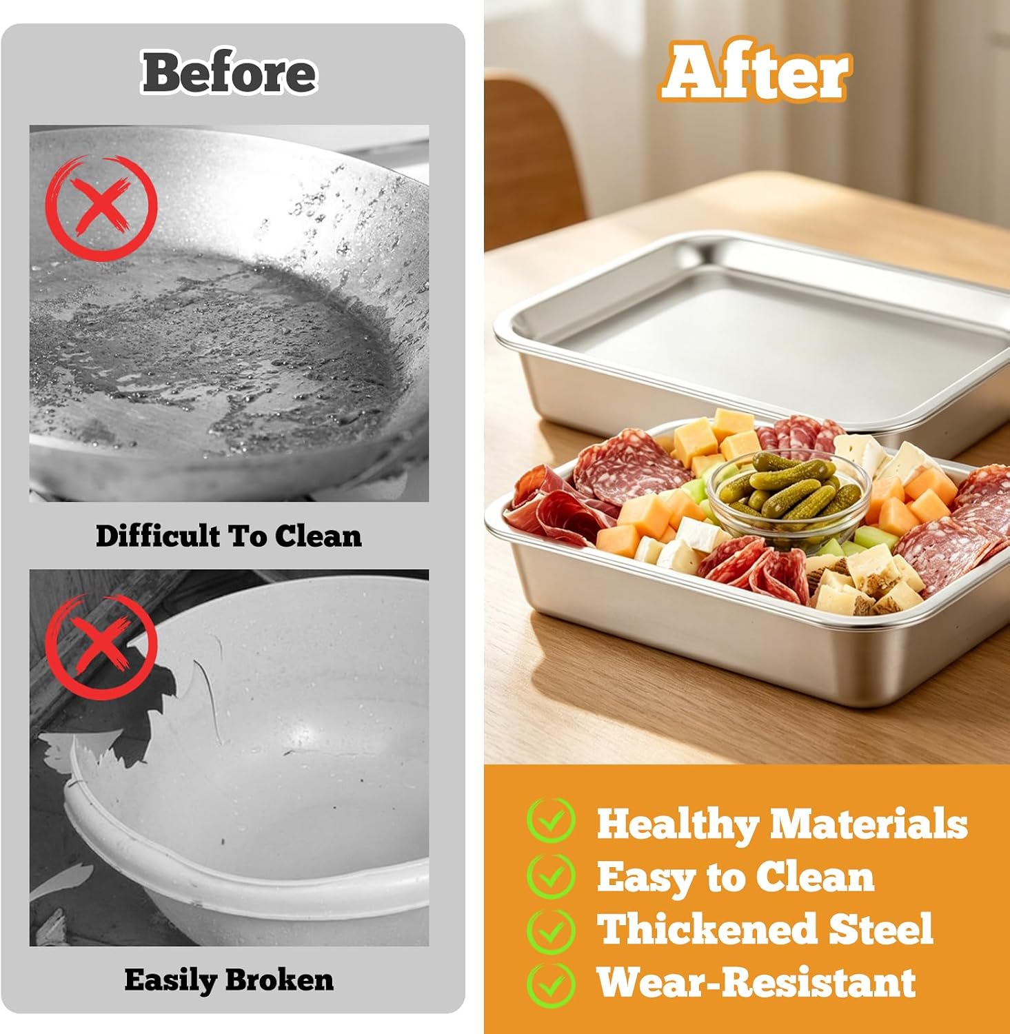 2 Set Stainless Steel Chilled Serving Tray with Compartments 15.7” x 11.8” Ice Chilled Tray Set for Parties Rectangle Veggie Platter Charcuterie Serving Board for Fruit Seafood Appetizer