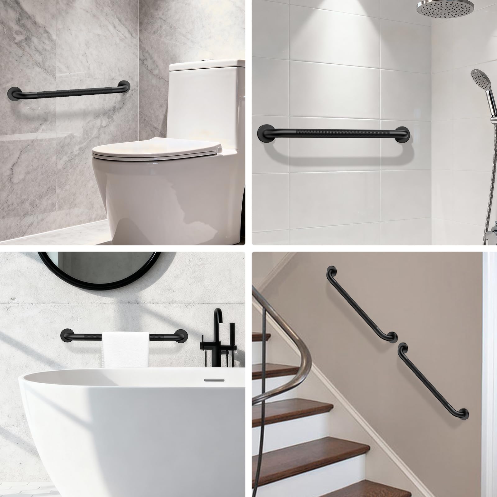 ZUEXT - Paquete de 2 barras de agarre de ducha de 24 pulgadas, mango de seguridad de baño de acero inoxidable negro mate con agarre moleteado, riel de soporte resistente para bañera y inodoro para