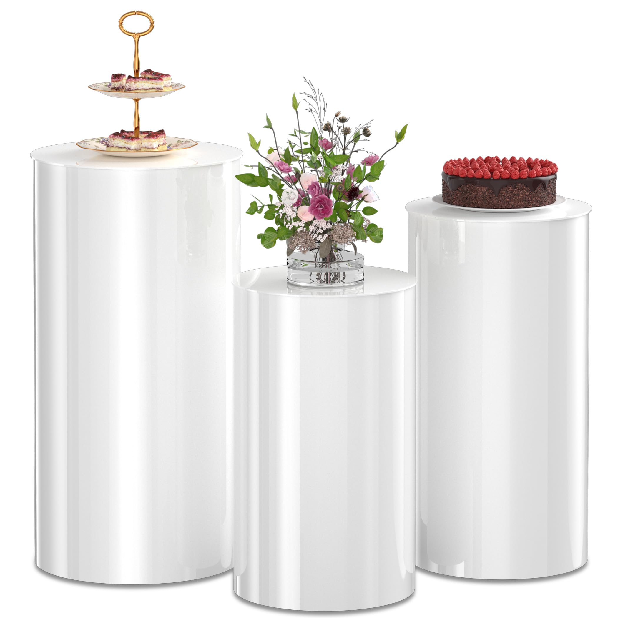 White Cylinder Pillar Stand for Party 3 Pieces of Square Cylinder Pedestal Display Plinths for Birthday Party Decor 35.4'' (XXL), 29.5'' (XL), 23.6'' (L)