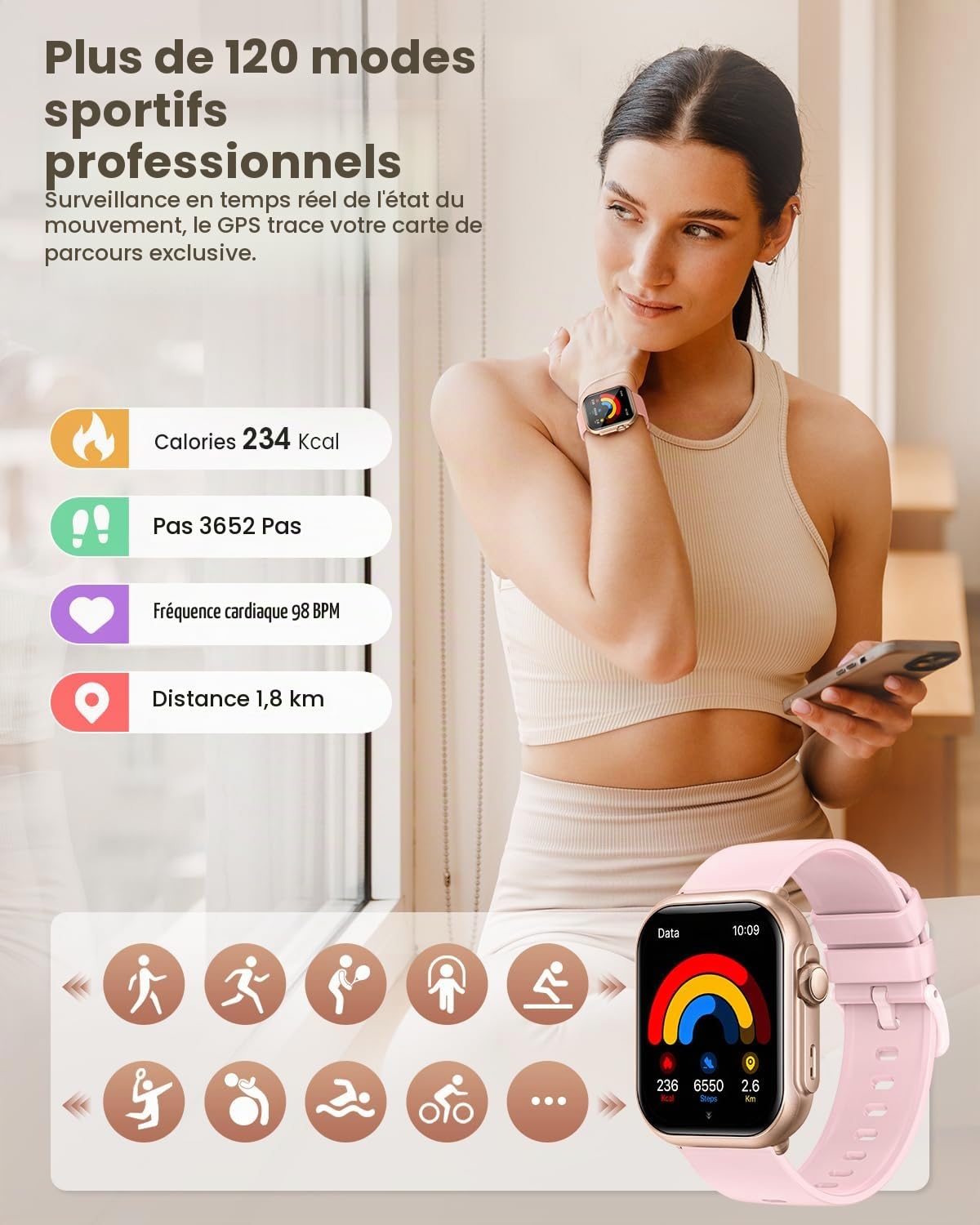 SWGOTA Montre Connectée Femme avec 1000mAh Batterie, Autonomie 100 Jour Ultra-Longue, 1.83" HD Smartwatch Appel, 24H Fréquence Cardiaque/SpO2/Sommeil, 120+ Sports, IP68 Podomètre Android iOS Or Rose