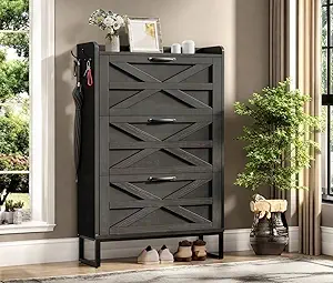 DWVO Farmhouse Shoe Storage Cabinet with 3 Flip Drawers, Slim Shoe Cabinet for Up to 24 Pairs, Narrow Shoe Rack for Entryway, Living Room, Hallway (Dark Rustic Oak)