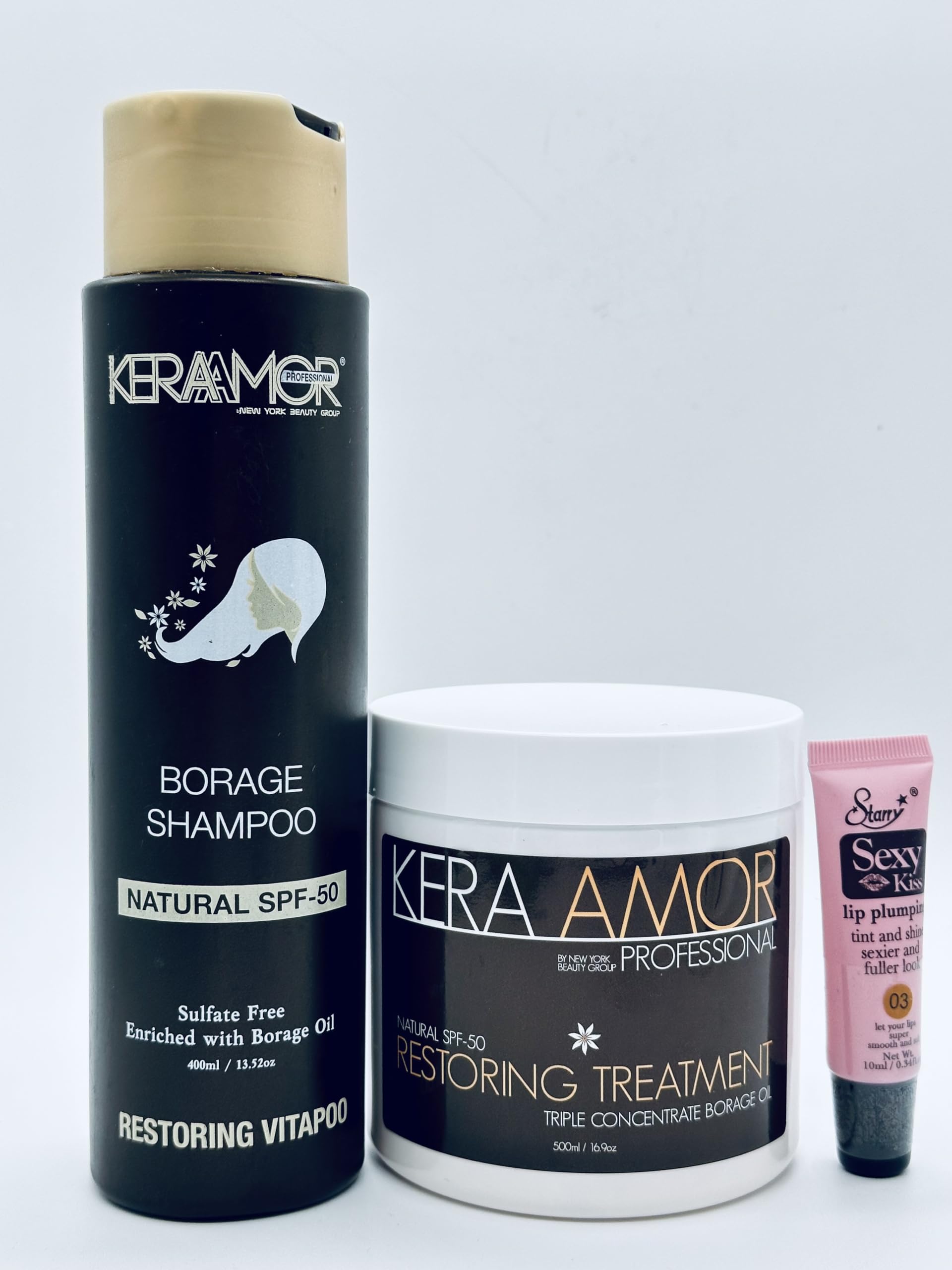 Kera Amor Borage Vitapoo Shampoo 13.52 Oz and Hydrating Vita Mask with Triple Concentrate Borage oil 16.9 Oz Free Starry Sexy Kiss Lip Plumping 10 Ml