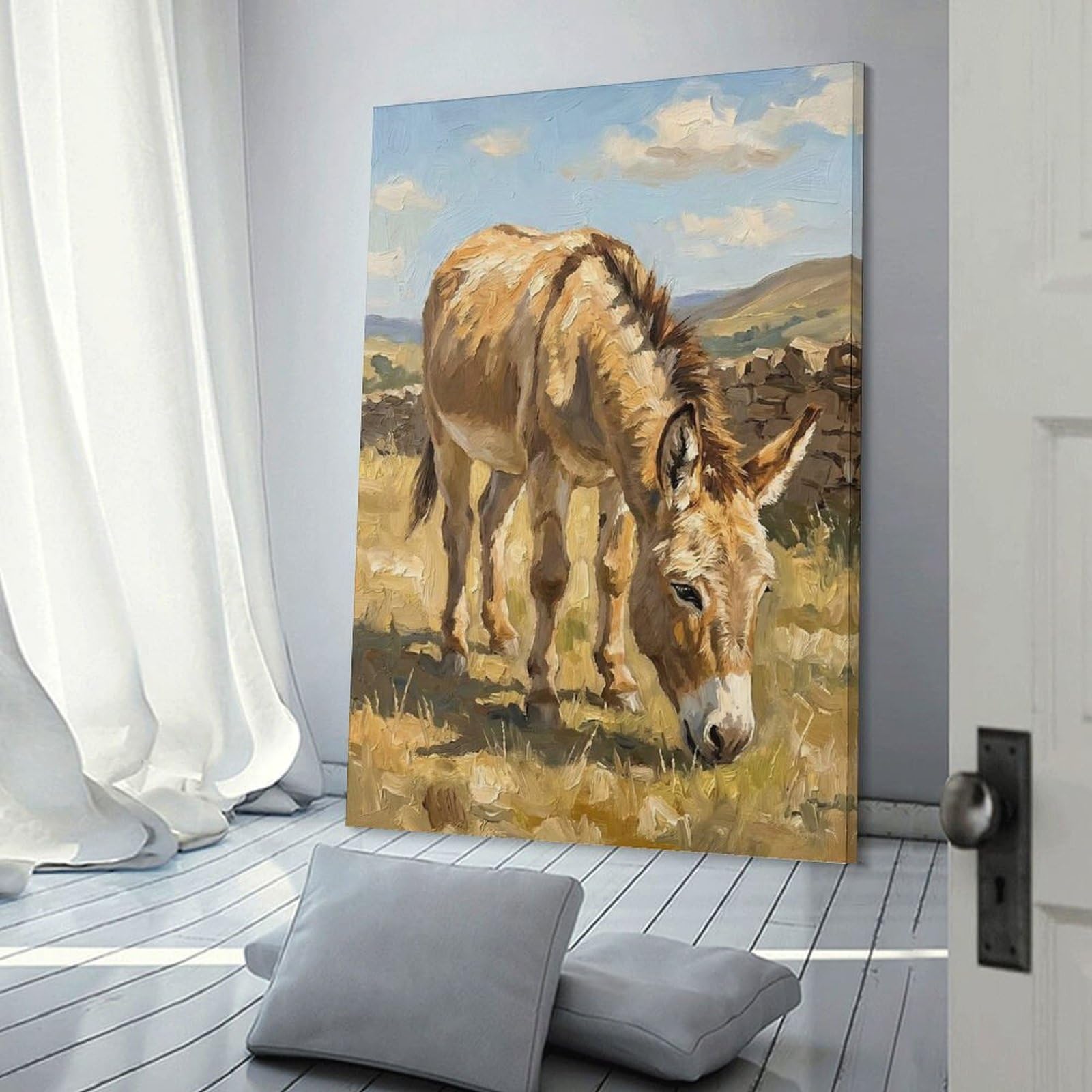 Junmoney Donkey Grazing in A Field Canvas Wall Picture 20x30inch(50x75cm), for Living Room, Bedroom Or Apartment Walls, Modern Wall Decor for Cosy Interiors