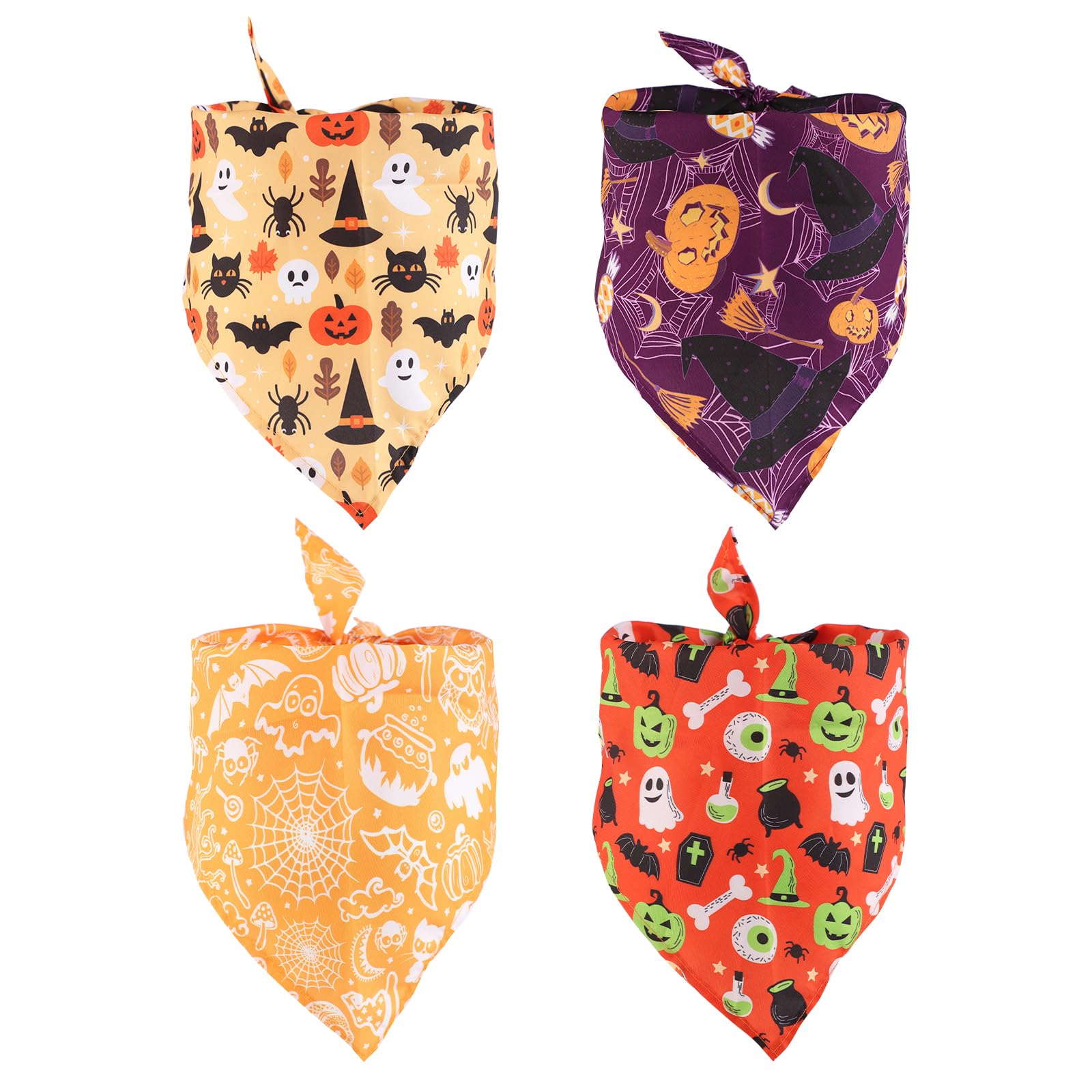 NQEUEPN 4pcs Halloween Dog Bandana, Triangle Dog Scarf, Pumpkin Bat Pattern, Medium, Orange, Polyester, Bandana