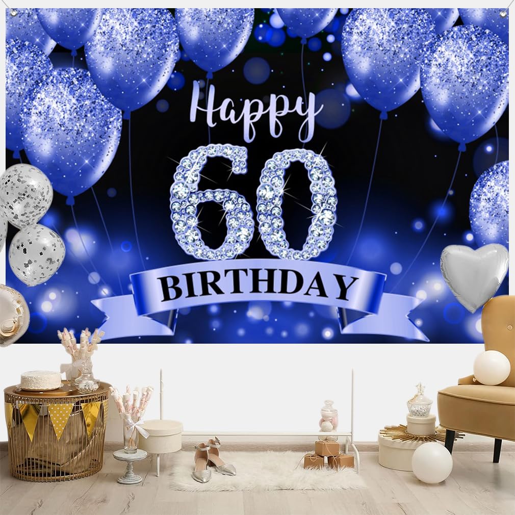 Toile De Fond « Happy 60th Birthday » - Bannière Pour Femme - Panneau De Fête « Happy 60 Years Old » - Bleu - Pour Photographie De 60e Anniversaire - 150 X 90 Cm