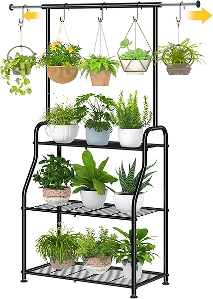 Simple Trending Plant Stand Indoor Outdoor, Heavy Duty Metal 3 Tiered Hanging Plant Shelf for Multiple Flower Planter Holder Tall Large Rack for Living Room Garden Balcony, Black