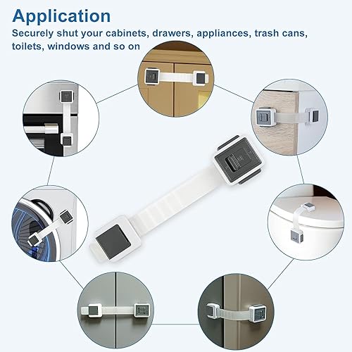 Miniatura 5 de Paquete de 6 cerraduras de seguridad para niños, correas ajustables a prueba de bebés con doble bloqueo y fuerte adhesivo 3M, pestillos para