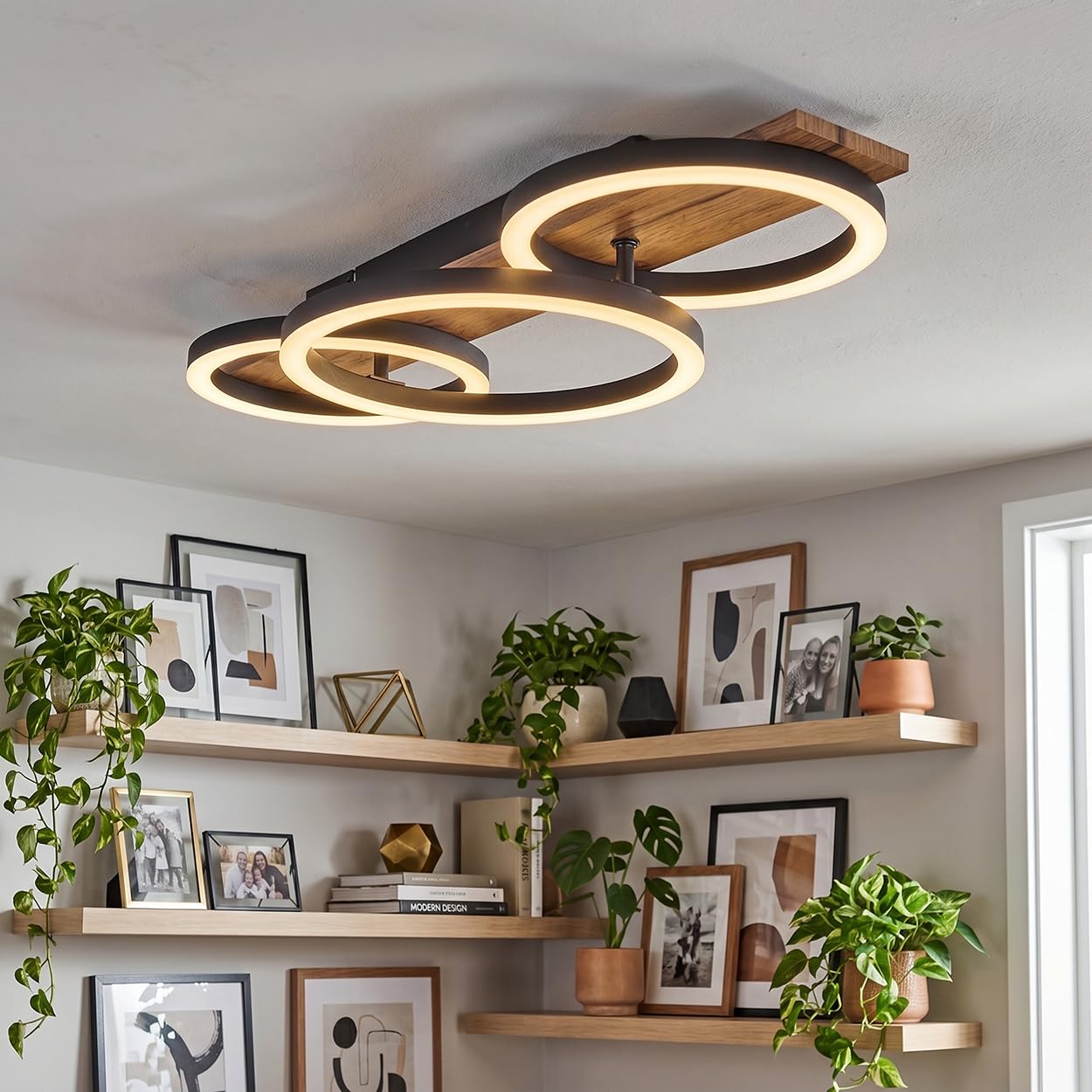 HOFSTEIN LED Deckenleuchte Cascada, Deckenlampe aus Metall/MDF/Kunststoff in Schwarz/Holzoptik/Braun/Schwarz/Weiß, 24 Watt, 3000 Kelvin, moderne Leuchte für Schlafzimmer, Esszimmer, Wohnzimmer, Küche
