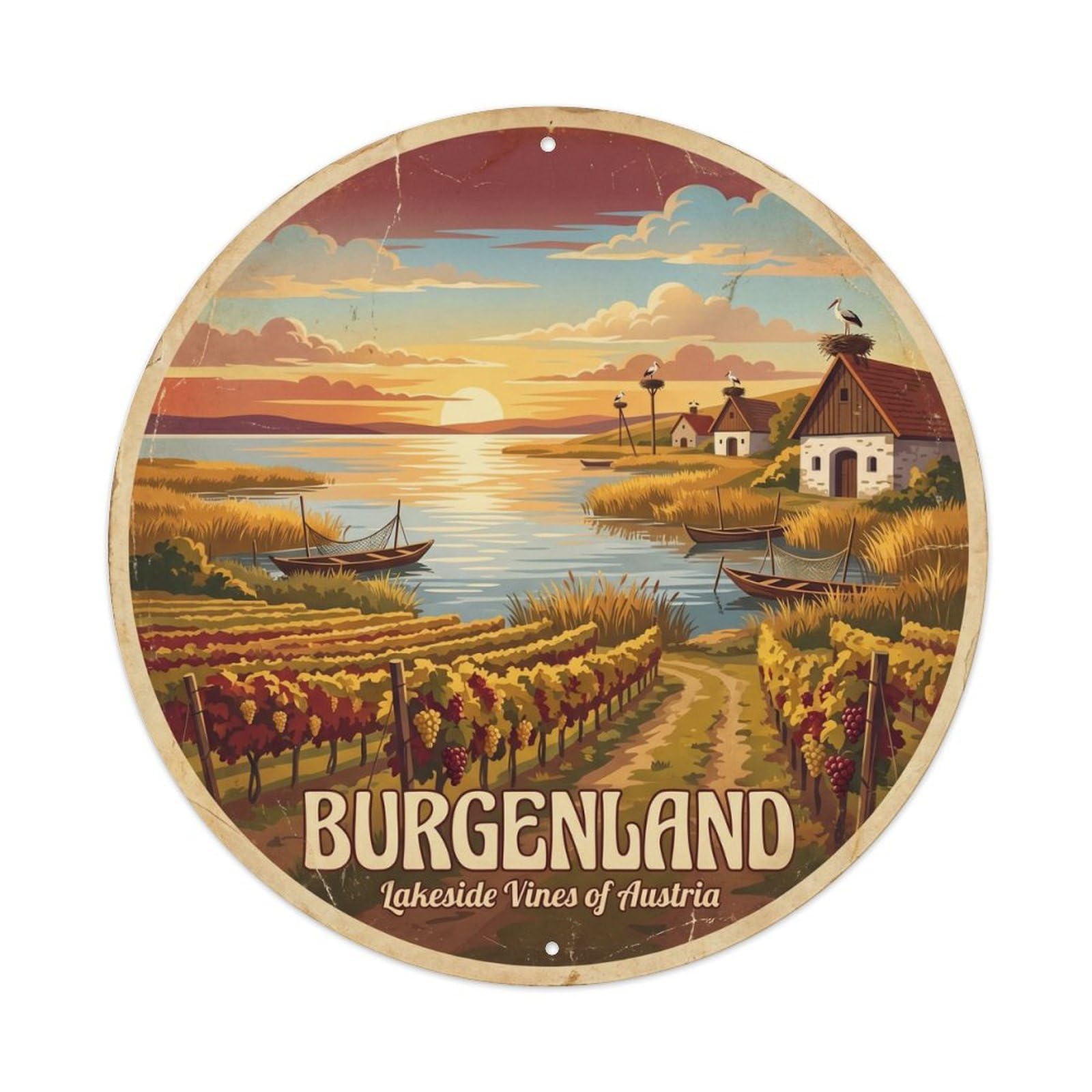 Vintage Travel Burgenland Vineyards Austria Metal Tin Sign Plaque Wall Decor for Cafe, Club Bar, Office, Home Garden Round Metal Poster 8x8Inch