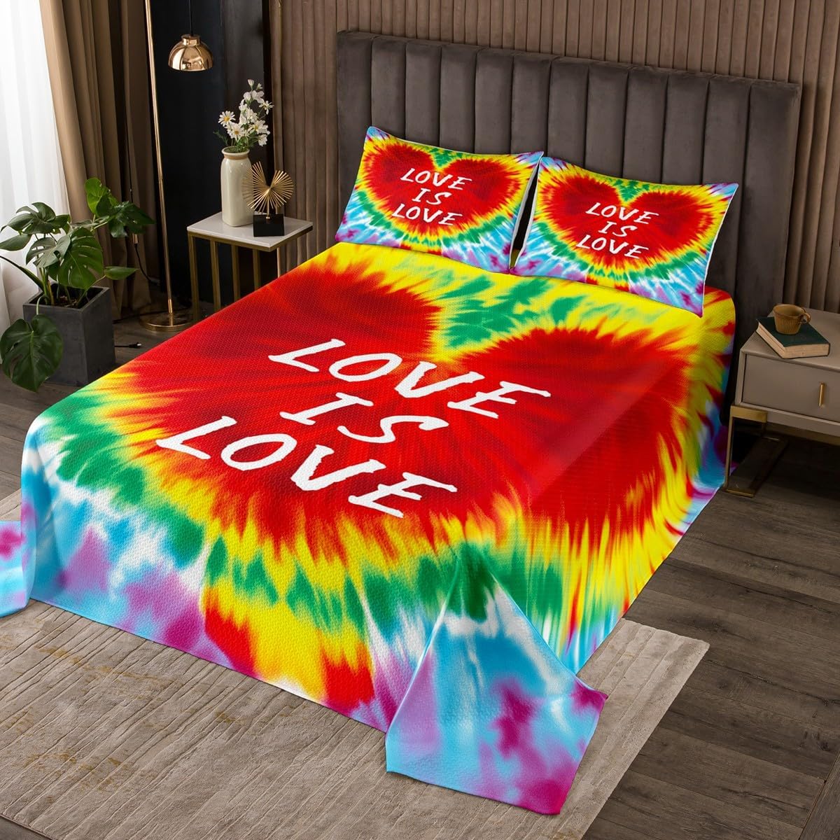 Rainbow Kids Bedspread King Size,Pride for Love Romantic Coverlet Set,Girls Boys Adults Room Decor,Loving Heart Peace Gradient Quilted Coverlet,Watercolor Graffiti Bedding Quilt,2 Pillowcases