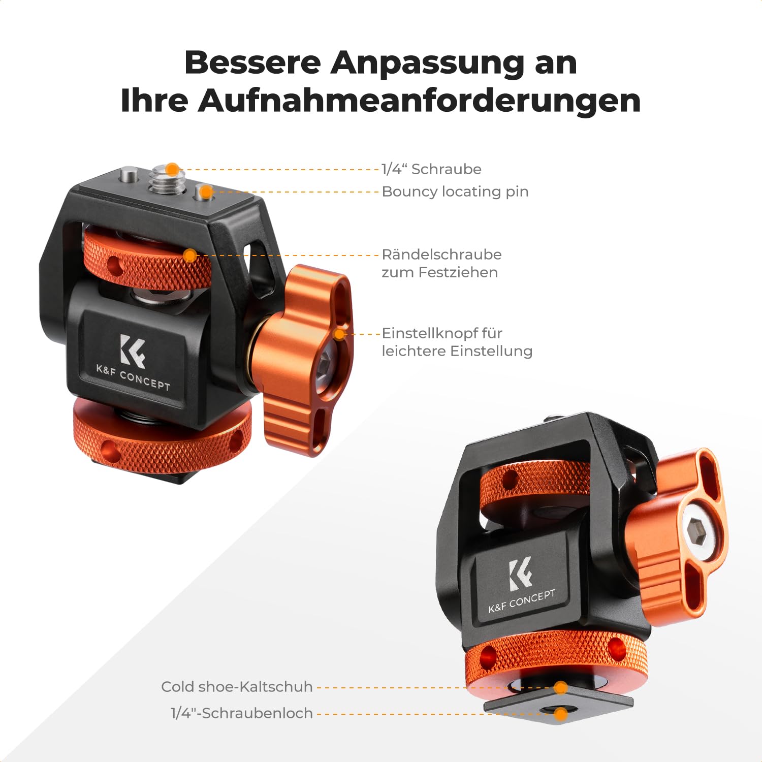 K&F Concept Kamera Monitor Mount mit Kaltschuhadapter, Verstellbarer Monitor Mount halterung, 360° drehbar und 180° neigbar, mit Rändelschraube, Anti-Twist-Design, für blitzschuhadapter und Cage Käfig