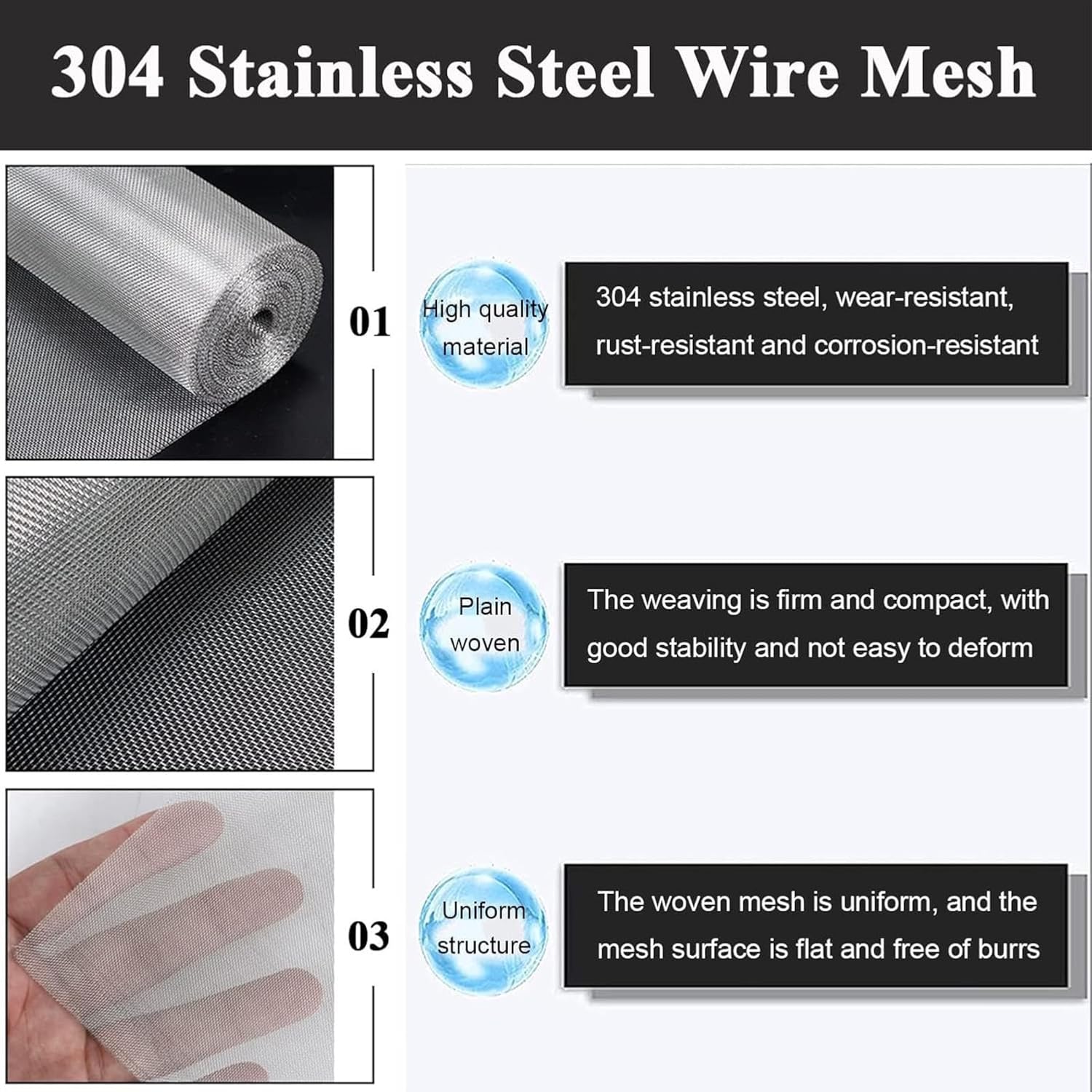 Stainless Steel Wire Cloth Mesh Roll, Screen Netting Sheet, 304 Steel, 60 Mesh Guard for Windows Kitchen Workshop Use