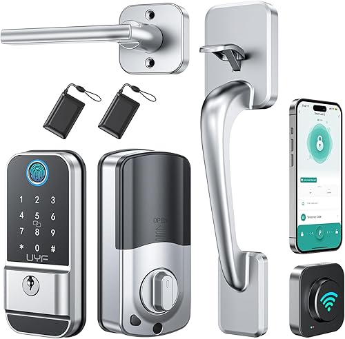 Cerradura de puerta inteligente, entrada sin llave cerrojo de huellas dactilares UYF WiFi con mango y puerta de enlace, cerraduras de teclado