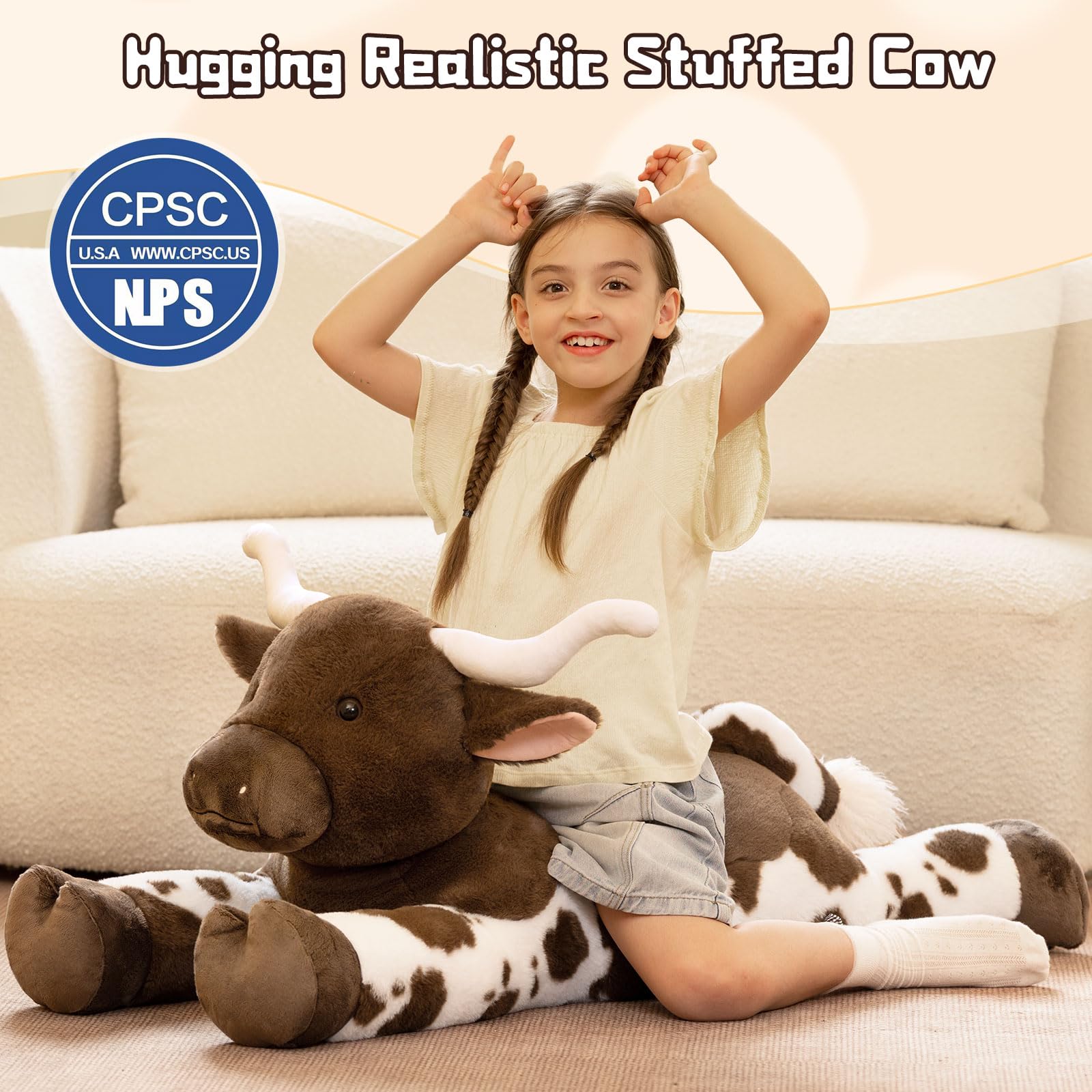 KERTA 43.3 Giant Longhorn Cow Stuffed Animal, Hugging Fluffy Stuffed Cow Plush Body Pillow, Realistic Large Texas Longhorn Bull Farm Plush Toy for Boys Girls 2