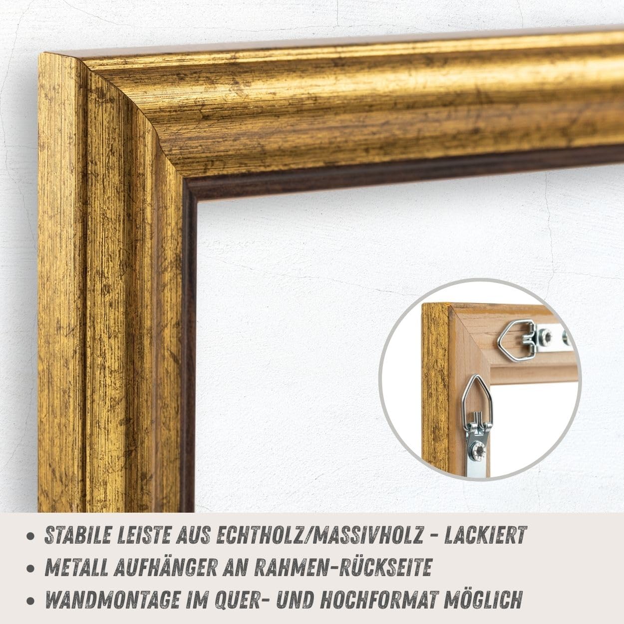 N°56 Barock Bilderrahmen 20x20 cm Bildmaß, Gold, Massivholz | breite Echtholz-Profilleiste, Acrylglas glasklar & bruchsicher, Vintage-Stil, HDF-Rückwand, Metallaufhänger, handgefertigt