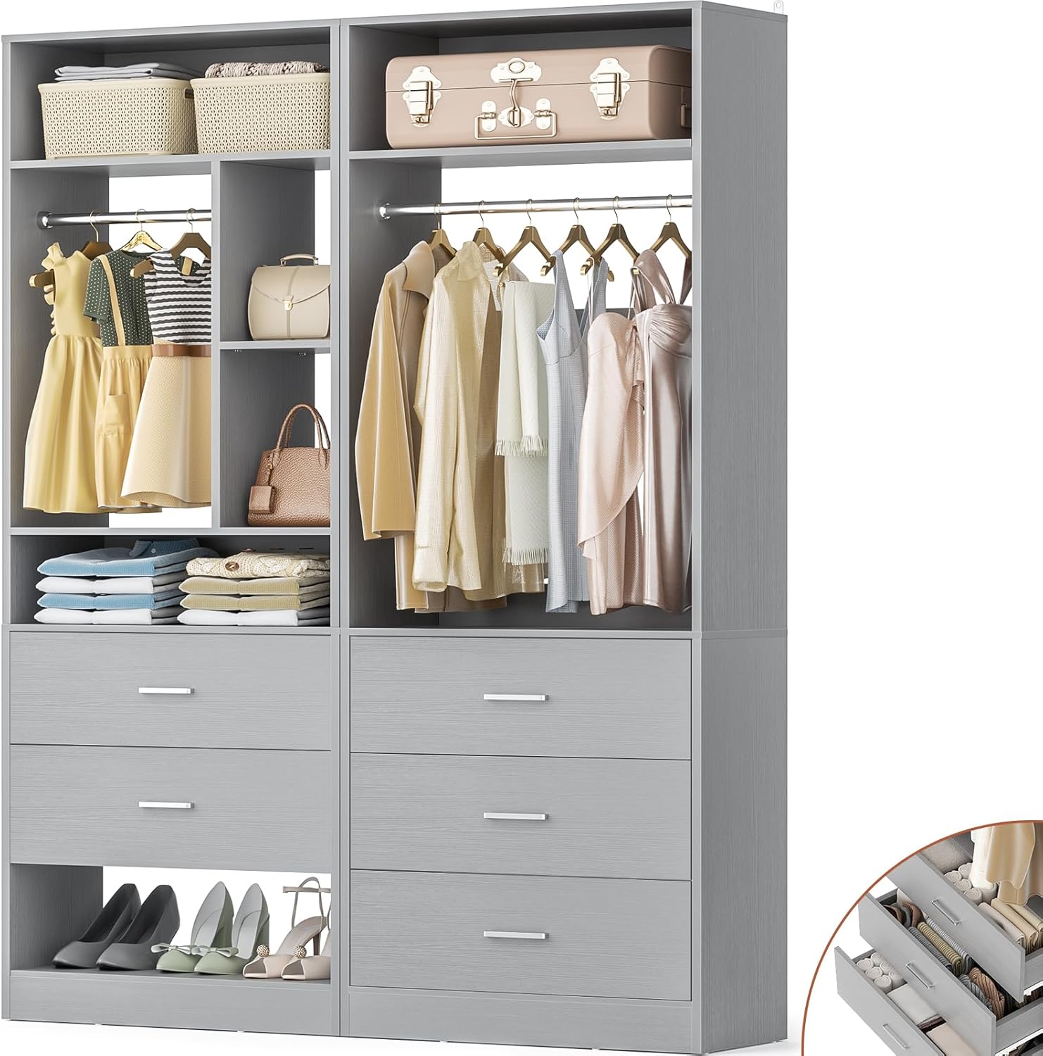 4FT Closet Systems with 5 Wood Drawers, 48 Inch Closet Organizer System with 2 Hanging Rods & 7 Shelves, Heavy Duty 48" Walk-in Closet , White (48"L x 15" W x 80" H)
