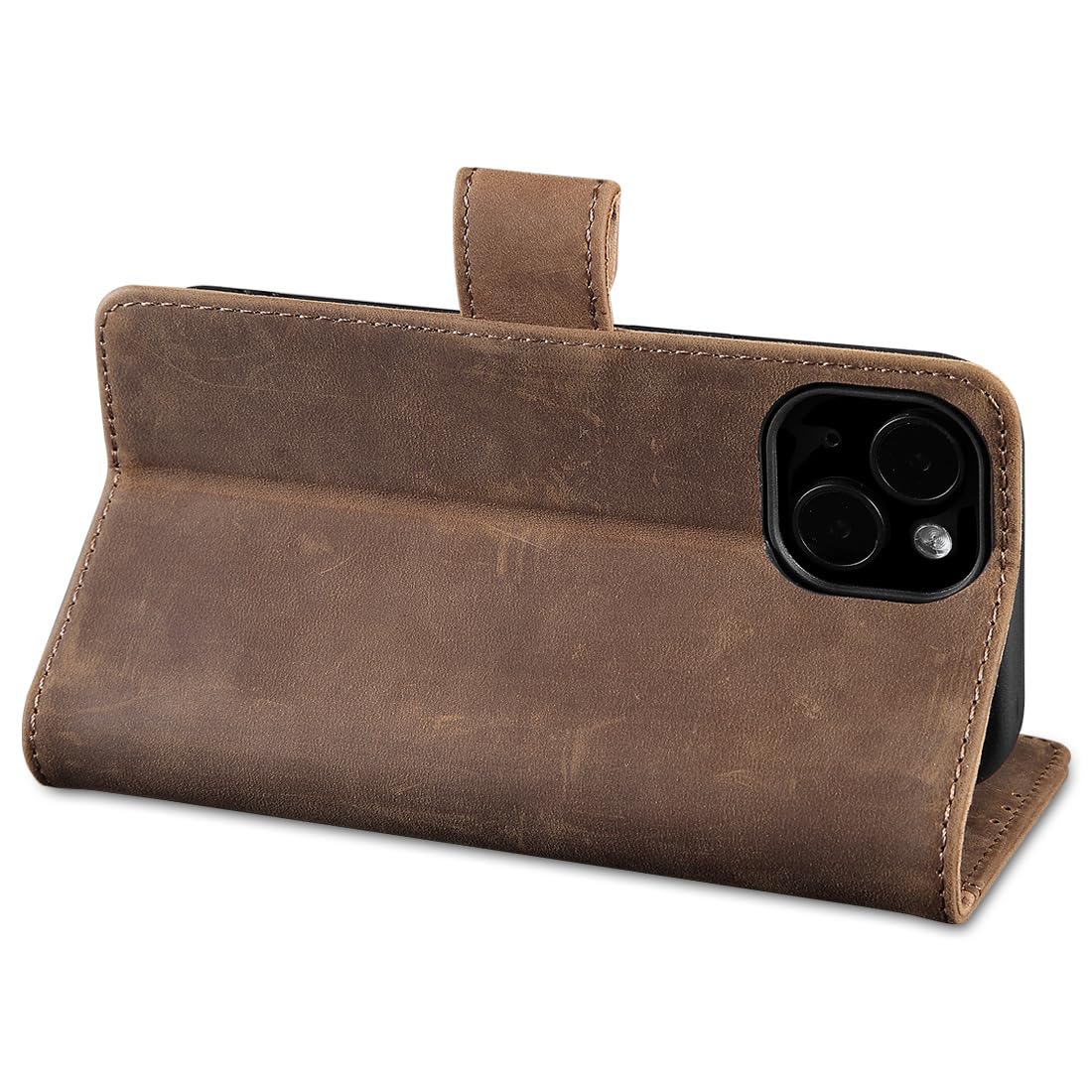 Lensun Custodia in Vera Pelle per iPhone 15 Plus, Cover [RFID Blocking] Libro con Portafoglio Chiusura Magnetico Flip Custodie Cuoio per Telefono iPhone 15 Plus - Vino Rosso