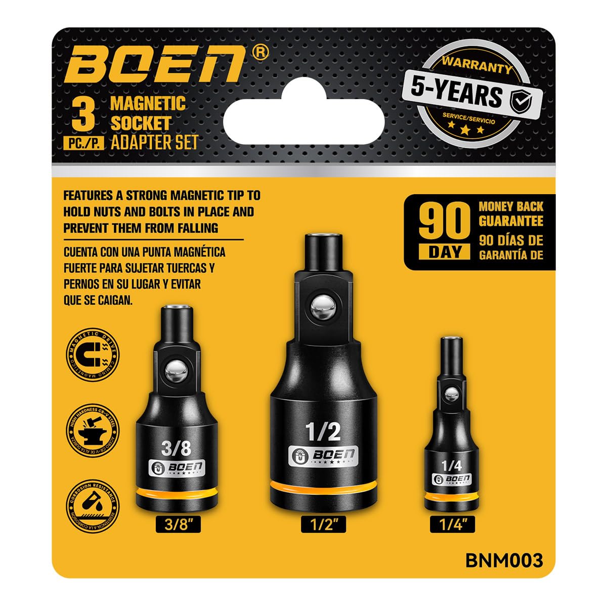 BOEN 3-Piece Magnetic Socket Extension Set, 1/4", 3/8", 1/2" Drive for Automotive and DIY Repairs, Tight Spaces, Mechanics & Home Use