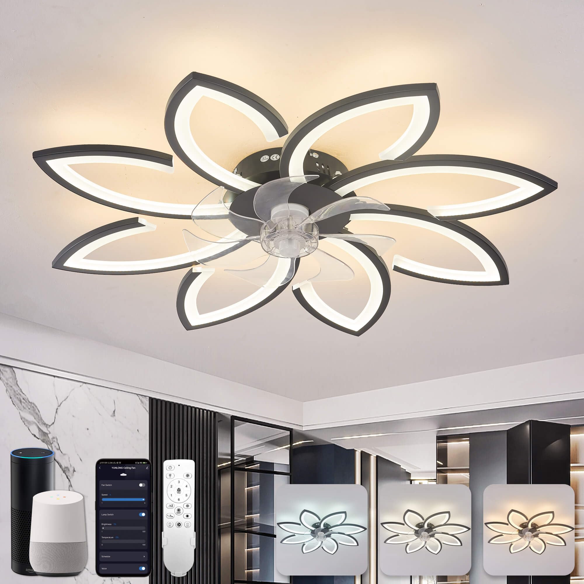 YUNLONG Ceiling Fans with Lamps Modern, Smart WiFi Ceiling Fans with Lights for Bedroom DC Reversible 6 Speeds with Timer, Compatible with Alexa, Google Assistant, Voice Control