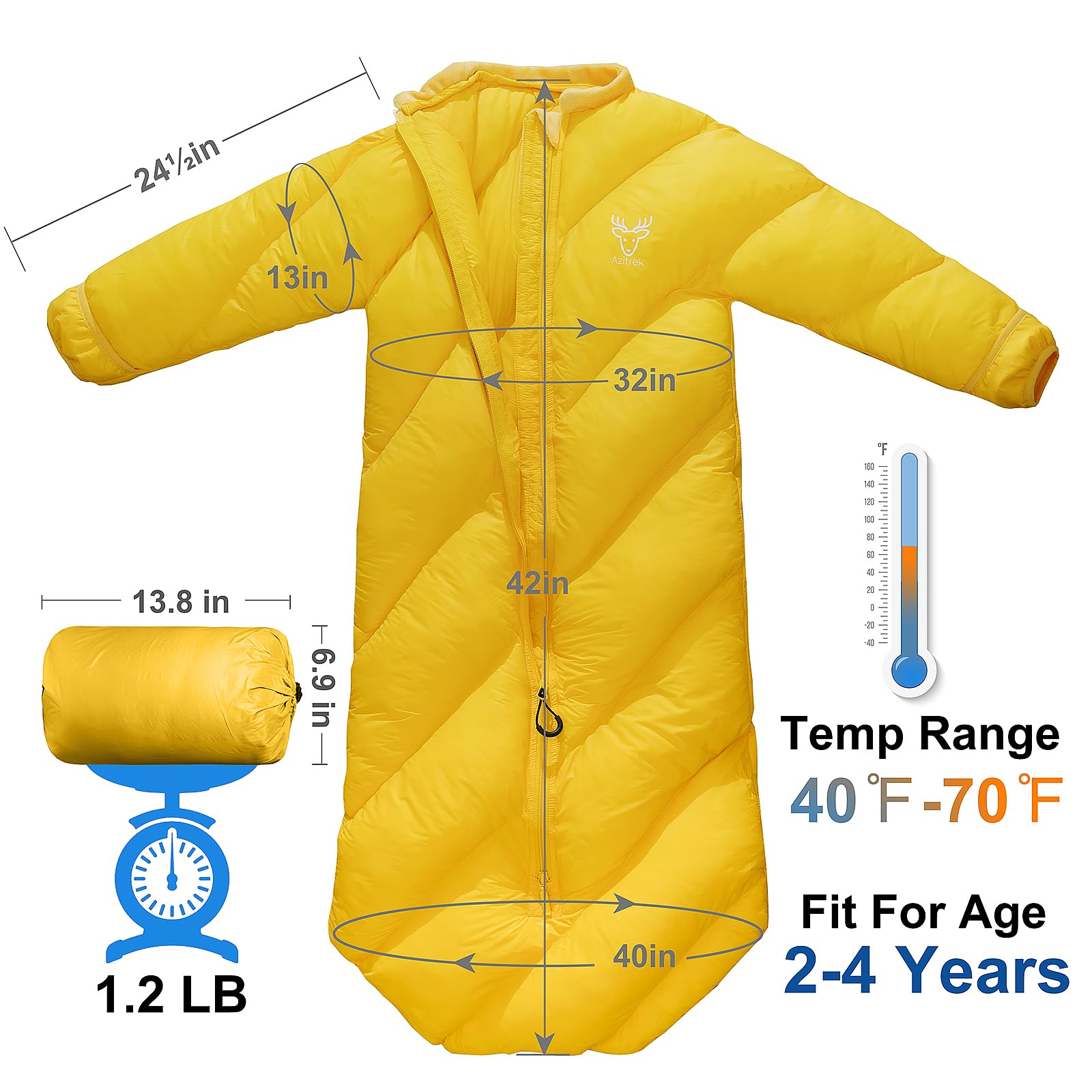 T40 Kleinkind-Schlafsäcke für Jungen und Mädchen, Alter 2–4 Jahre, Puffy Kinder-Schlafsack, Camping, Übernachtungen, bis zu 116,8 cm, leicht, kompakt, Komfort für drinnen und draußen,