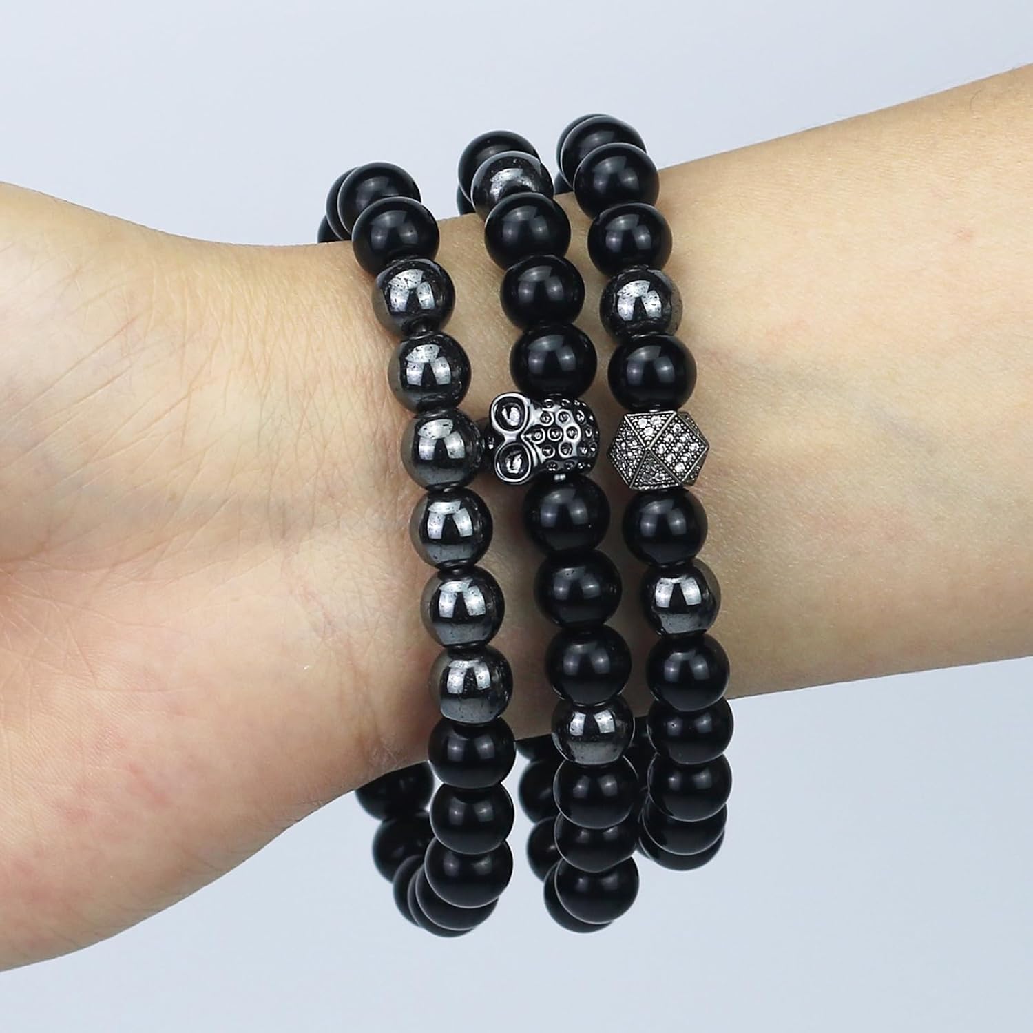 3PCS Handmade Obsidian Skull Bracelet 8mm Black Tourmaline Beaded Bracelet Black Onyx Lava BeadsTriple Protection Bracelet Jewelry Gift for Men - Image 8