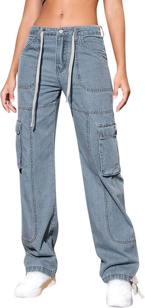 Jpneskdsa カーゴパンツ レディース Y2K ズボン デニムパンツ 原宿系 ロングパンツ ストレート レッグ バギーカーゴパンツ カジュアル ワイドパンツ パンクストリートウェア オーバーサイズ ポケット付き