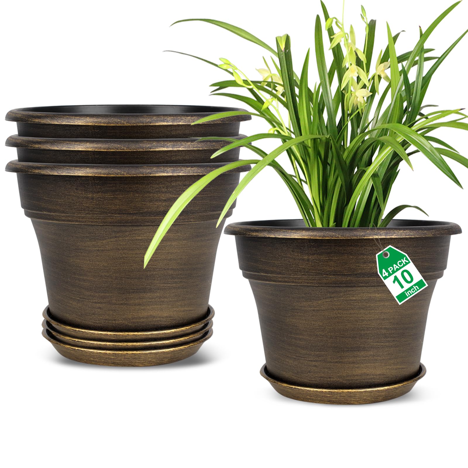 Plant Planters Pots Set of 4 Pack 10 Inch, Plastic Flower Pot for Indoor Plants with Drainage Holes & Trays, Resin Decorative Container Sets with Saucer for House Outdoor Garden Planters Dark Gold