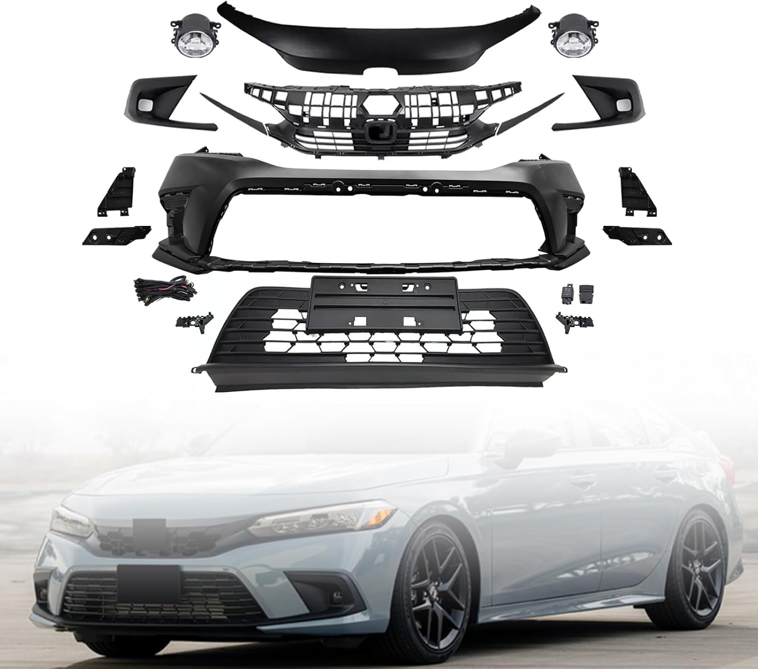 Civic Front Upper & Lower Grille & Fog Light Set Compatible with 2019 2020 2021 Honda Civic LX EX Touring Sport Sedan W/Grill Molding Trim Black