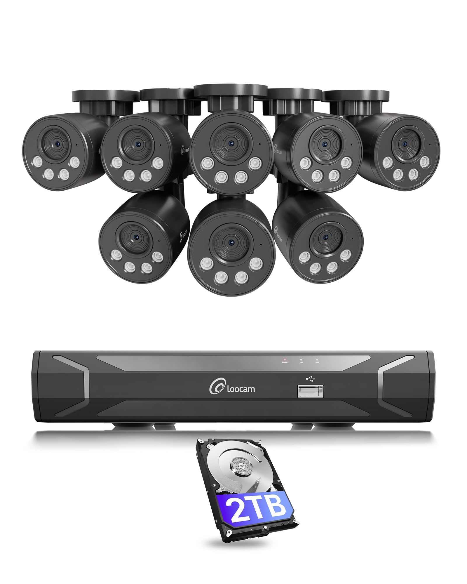 Loocam NVR Security Camera System 8CH 8MP with 2TB HDD, 8pcs 4K POE IP Cameras for Home Security, AI Human/Vehicle Detection, 24/7 Recording POE Camera System, Remote Access, Plug &amp; Play